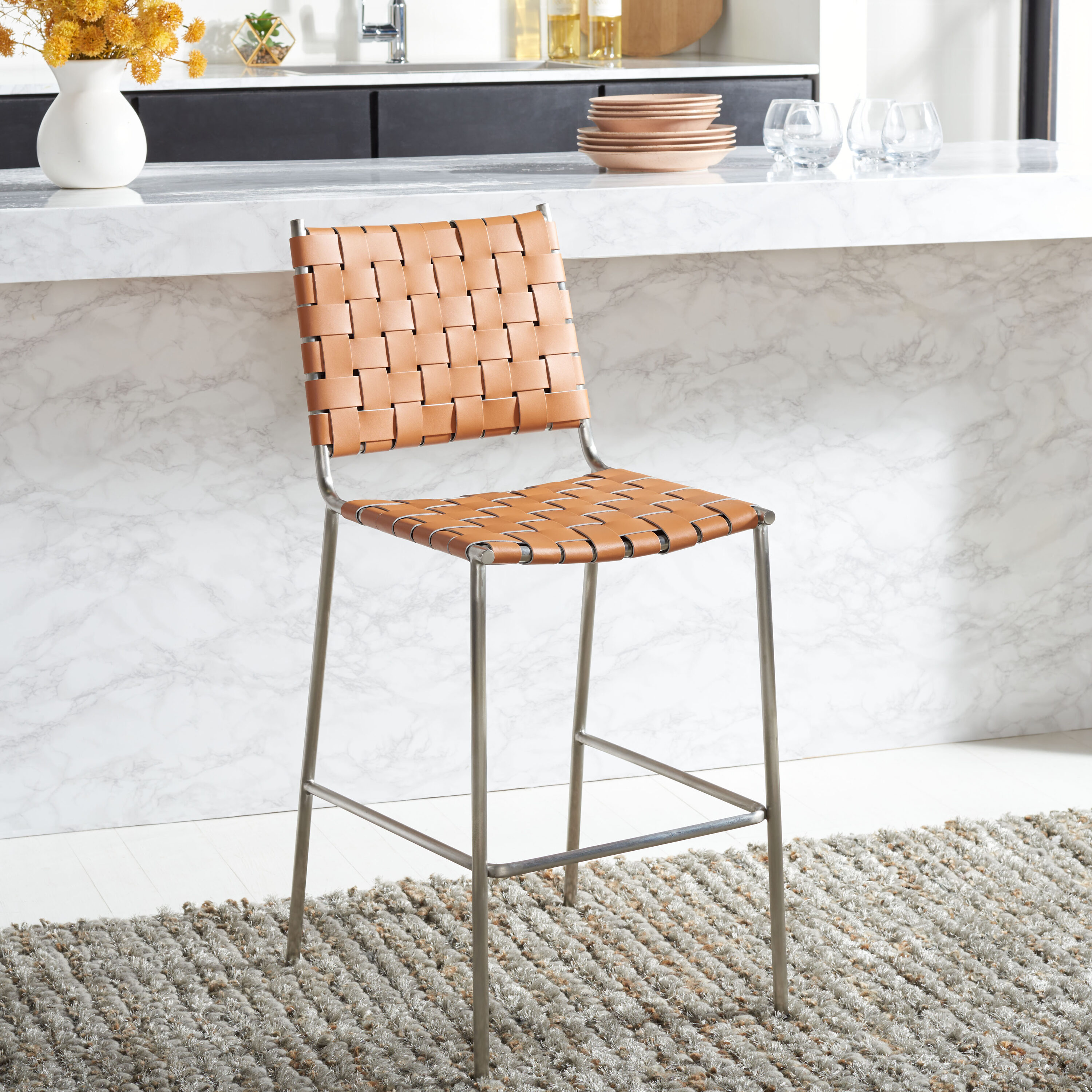 Cognac Leather and Silver Metal Saddle Counter Stool