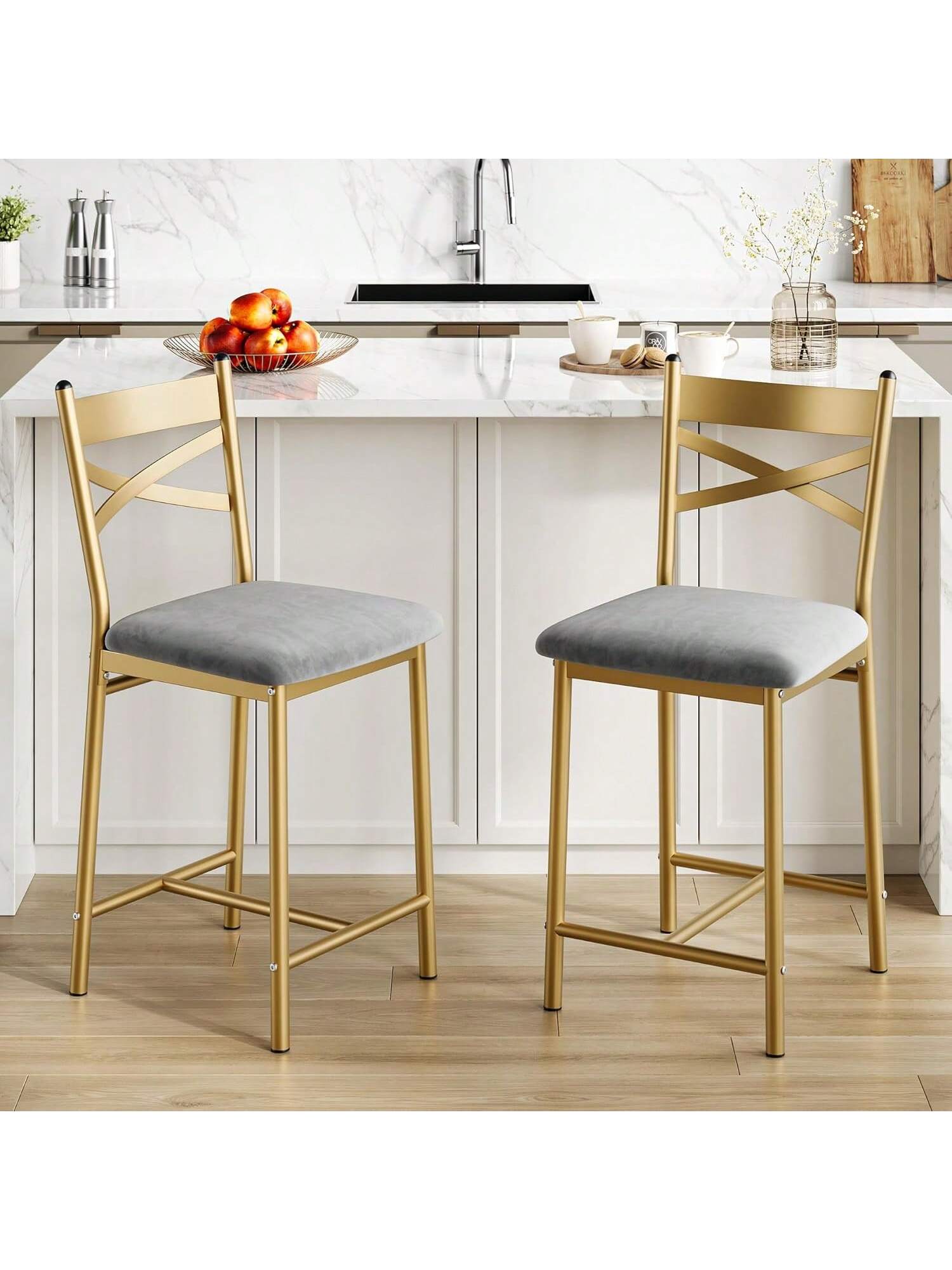 Garvee - Bar Stools Set Of 2 PU Upholstered Bar Chairs Kitchen Island Chairs With X-Shaped Backre...
