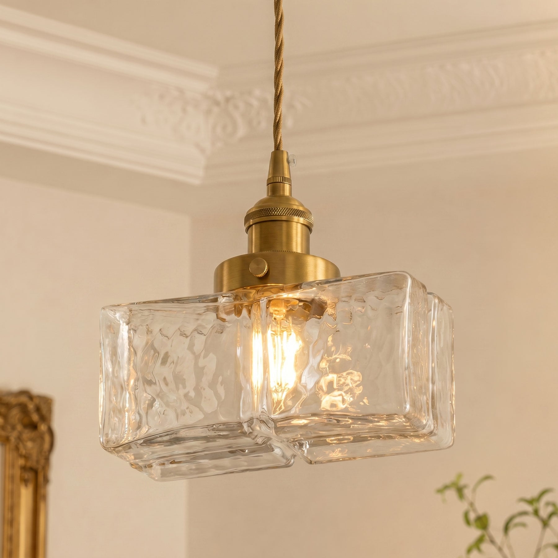 Aiwen - 1-Light 7.09 in. Brushed Brass Retro Square Pendant Light Kitchen Island Hanging Lighting...