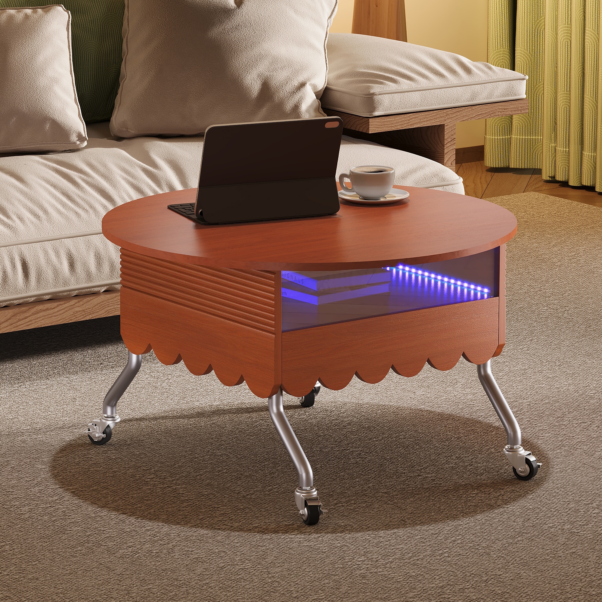 ModernLuxe L3P-N735P231430N Round LiftTop Coffee Table with Wheels Metal Frame and MultiColor Lighting in 27.6inch