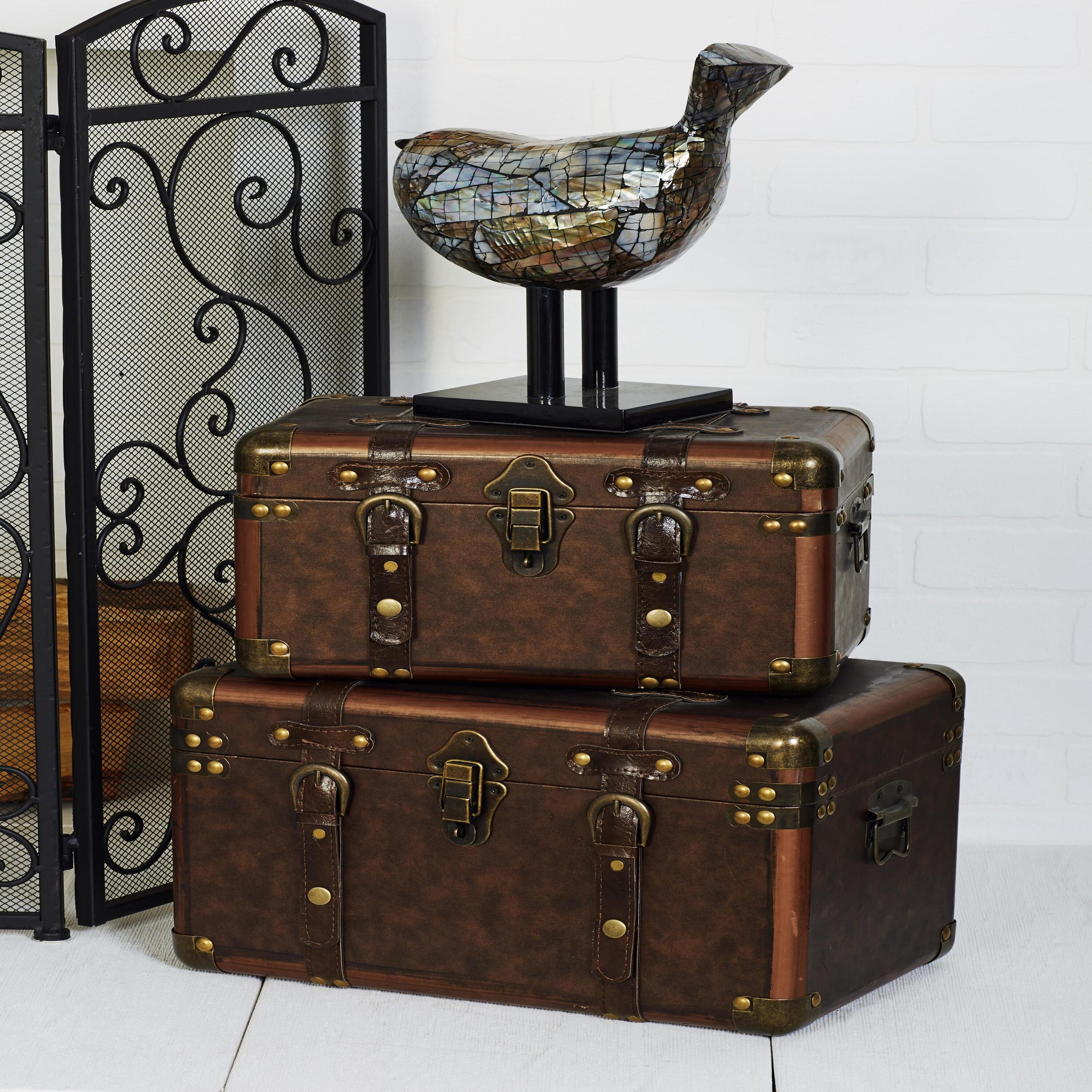 Brown Leather Rectangular Storage Trunk Set with Vintage Accents, 3-Pieces