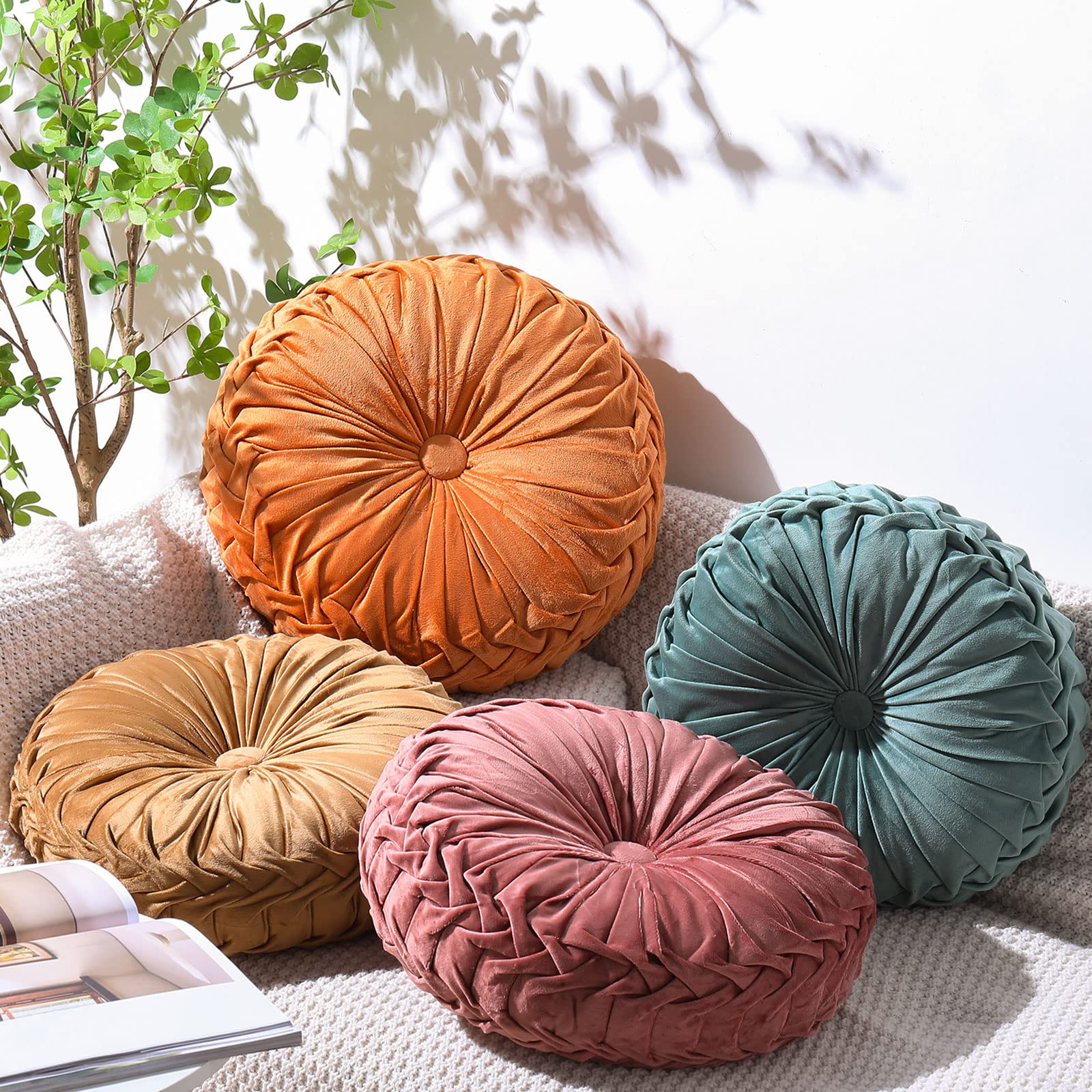 DYRCJ  Set of 4 Decorative Round Pleated Throw Pillows Velvet Pumpkin Style 14 Inch Diameter Colorful Home Sofa Chair Bed Decor