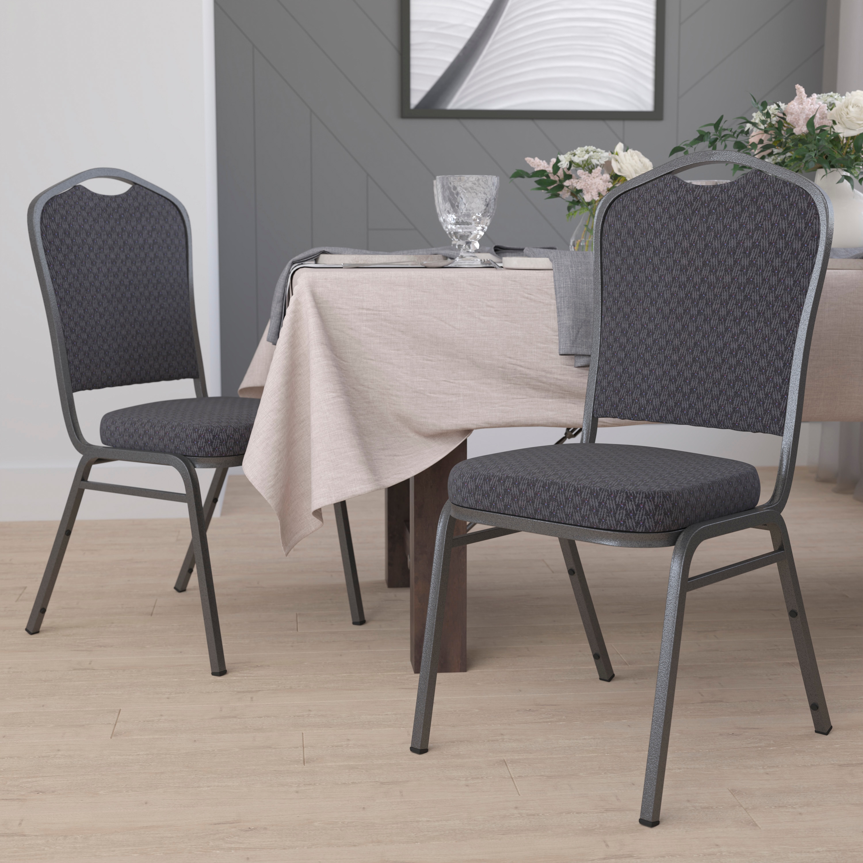 Elegant Crown Back Banquet Chair in Black Fabric with Silver Vein Frame