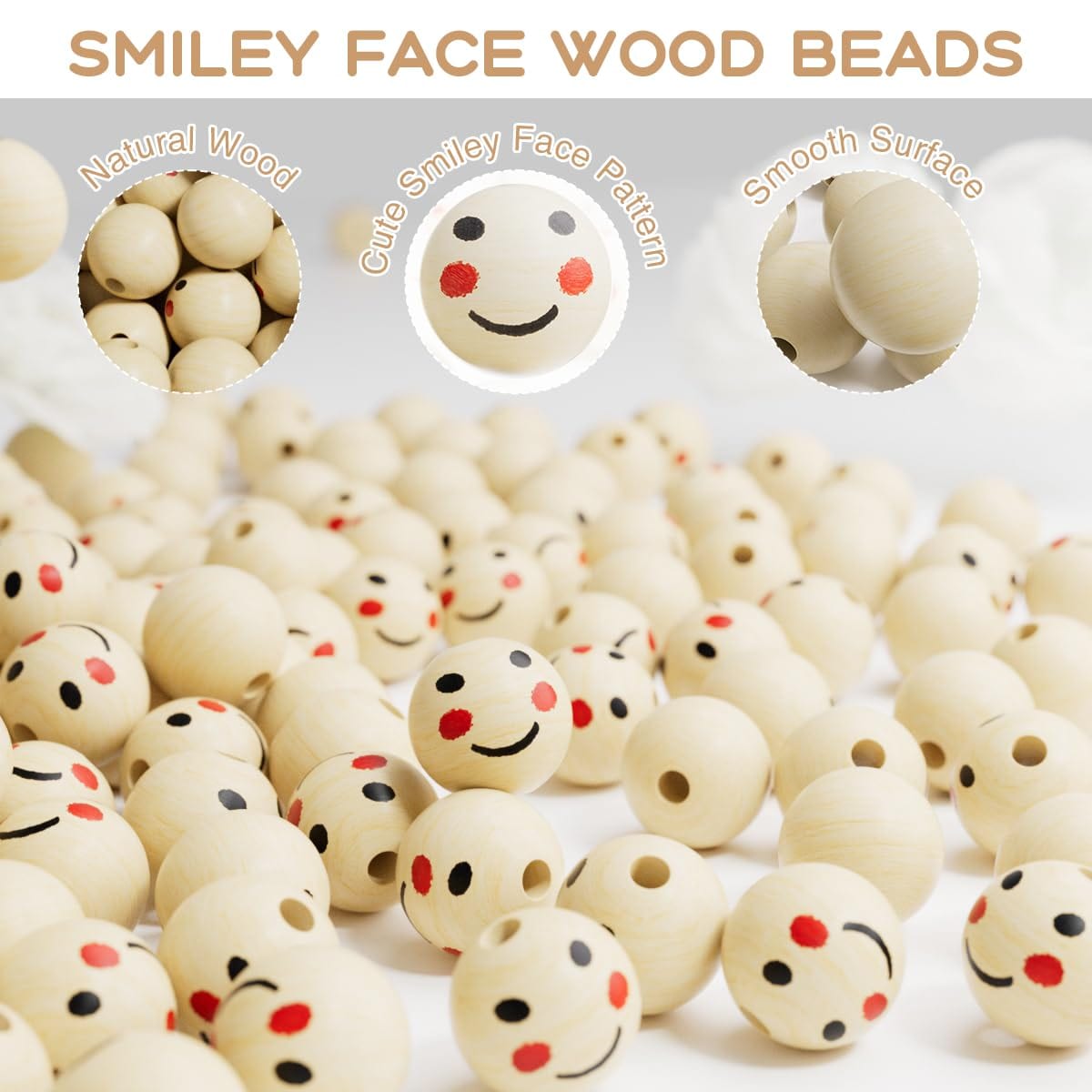 VEELIKE - 500 pcs Round Wooden Beads 20mm Round Smiley Wooden Beads Handmade Bulk Wooden Beads Sp...