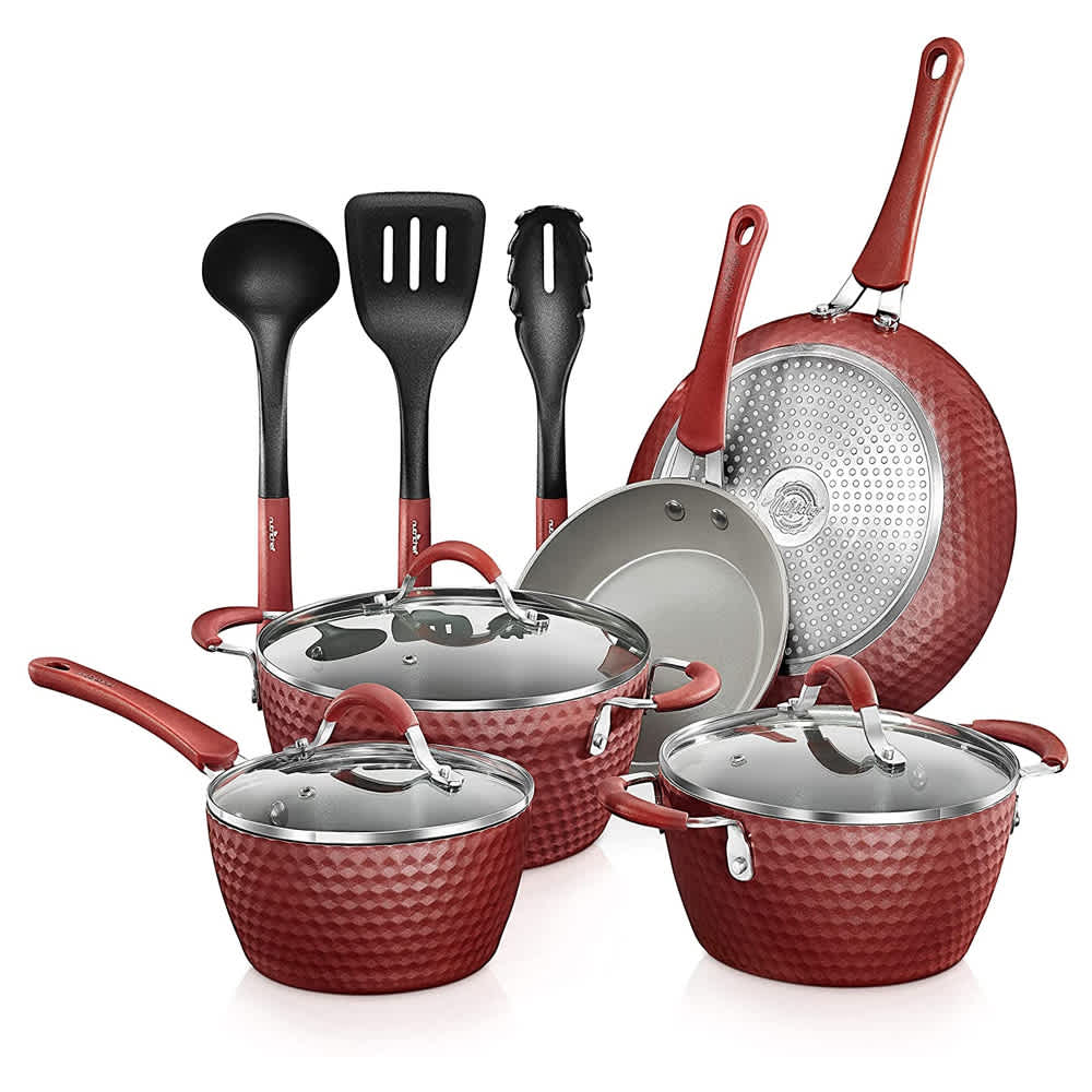 NutriChef 234300 11 Piece Nonstick Ceramic Cooking Kitchen Cookware Pots & Pan Set, Red