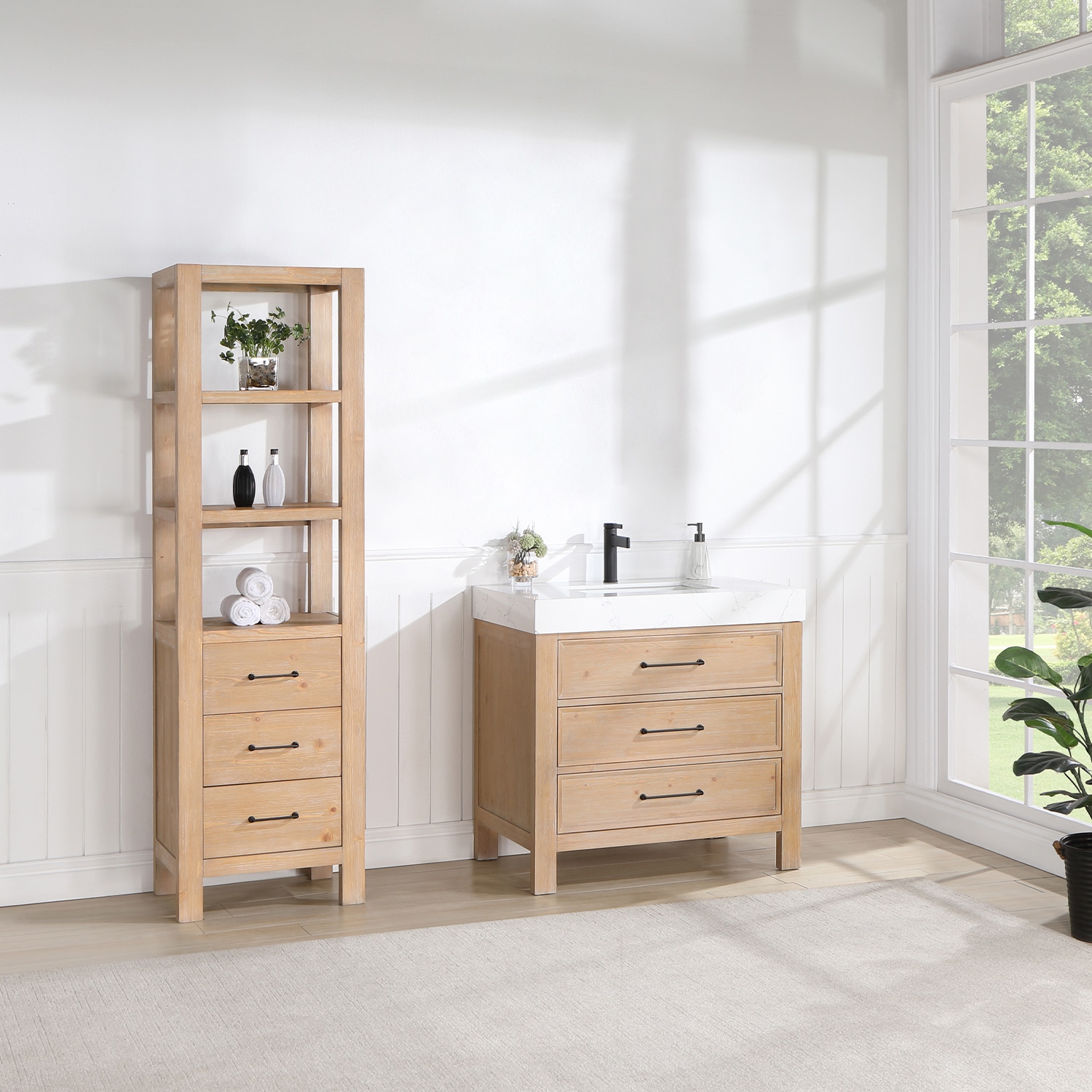Leon 36" Fir Wood Brown Bathroom Vanity with White Composite Top