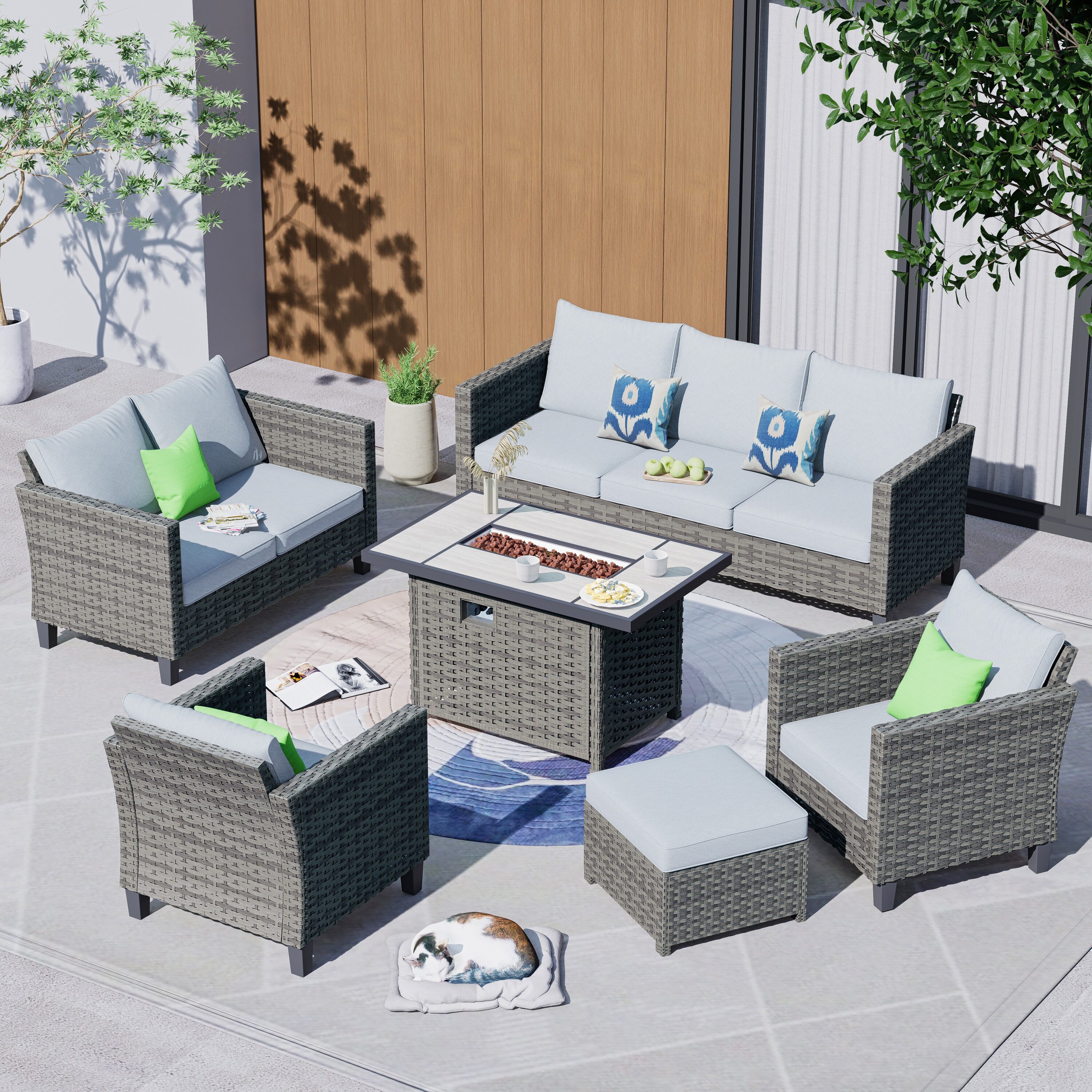 Pouuin SRFPGRS206 7 -Piece Wicker Patio Sofa Conversation Set with Gray Cushions