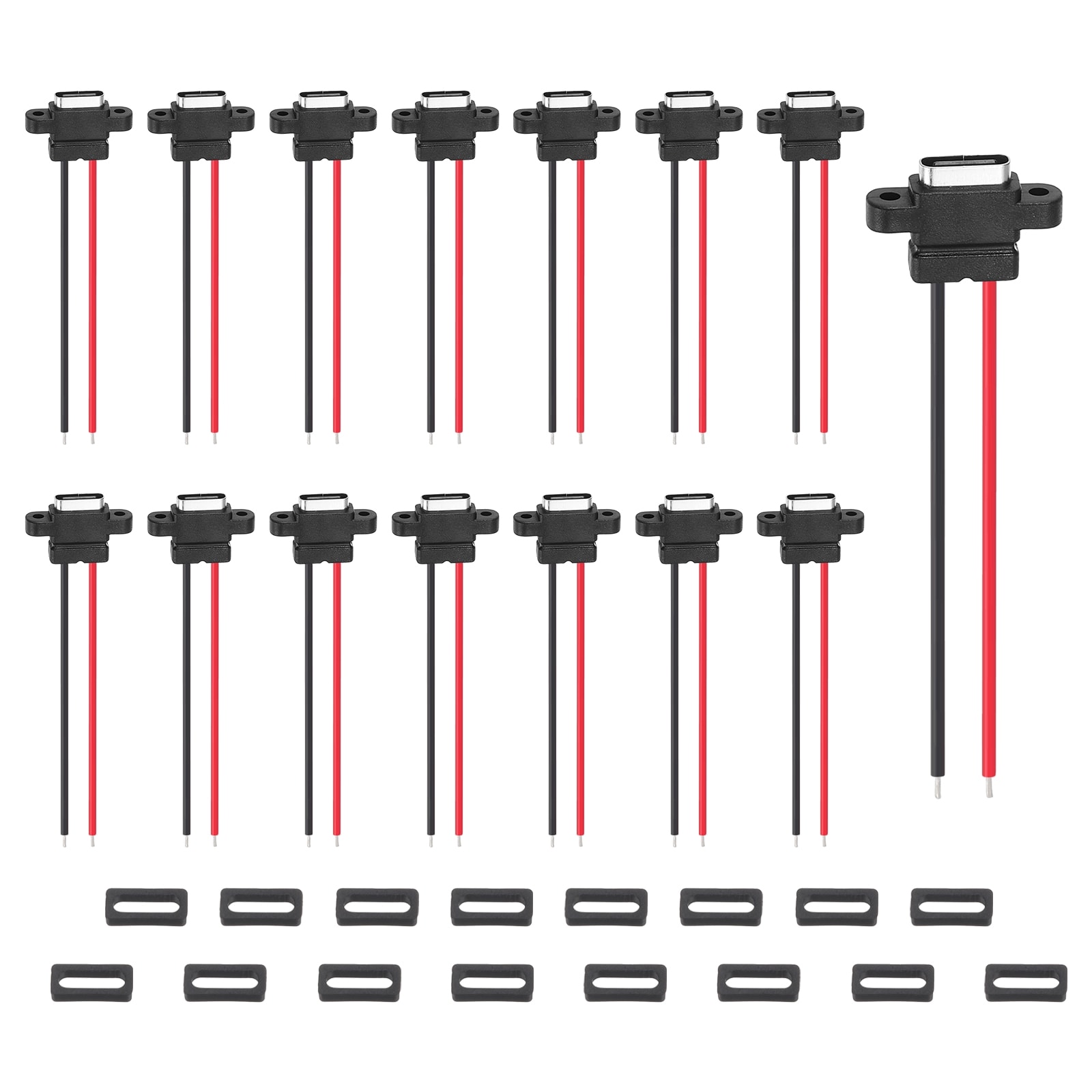 Unique Bargains 15pcs Type-C Female Chassis Waterproof Connector 2-Pin Pigtail Bare Wire Panel Mount Socket with Rubber Ring for DIY USB-C Charging Port Installation Vertical Terminal