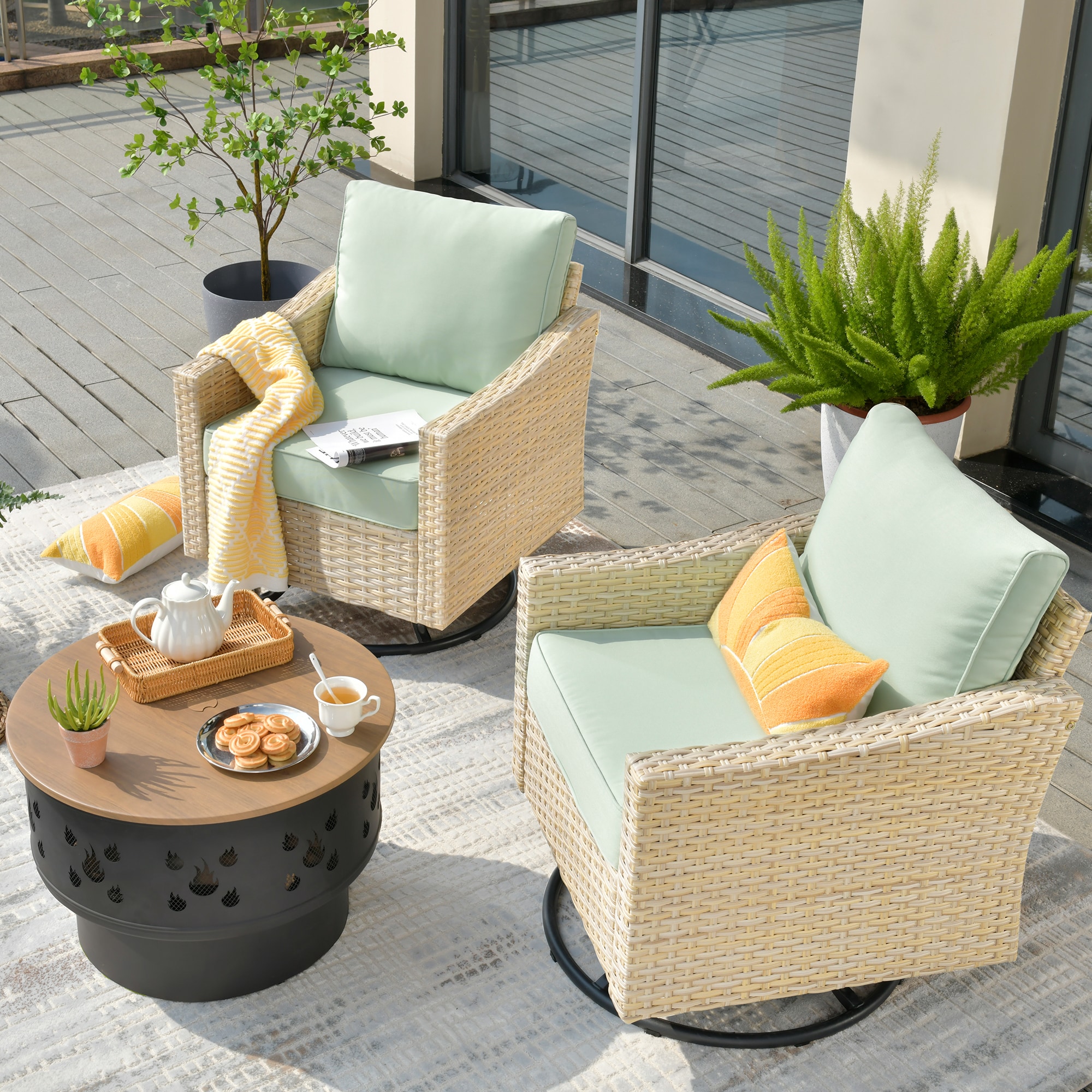 weaxty HMBYM307YZDAR903 Athena 3-Piece Wicker Patio Conversation Set with Green Cushions