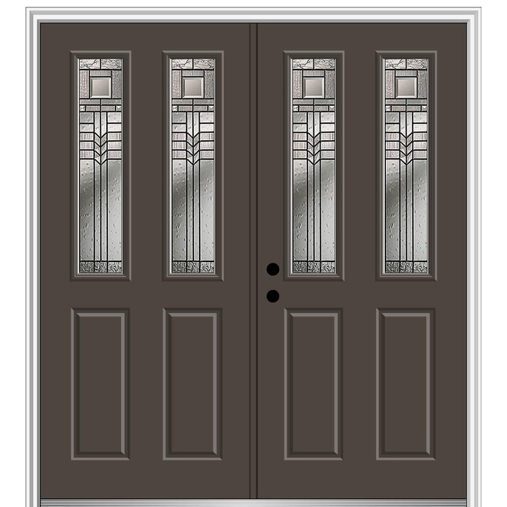 MMI DOOR ZZ3665276R 72-in x 80-in x 6-9/16-in Fiberglass Twin lite Right-hand inswing Brown Painted Prehung Double Front Door with Brickmould Insulating core