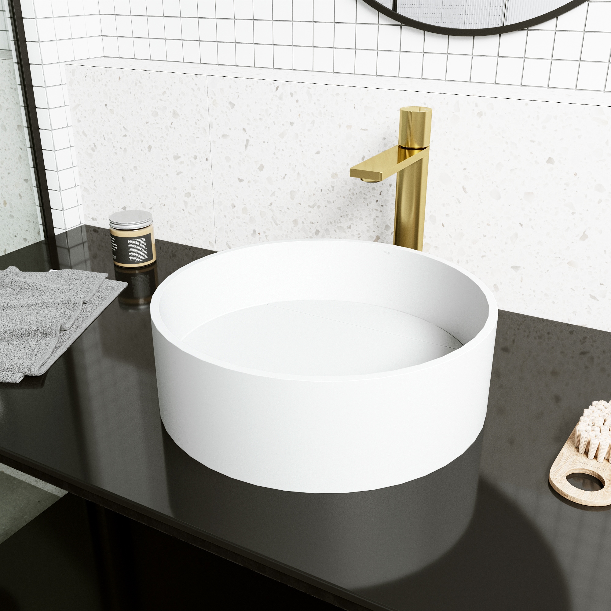 Bryant Modern Matte 15" White Stone Round Vessel Bathroom Sink