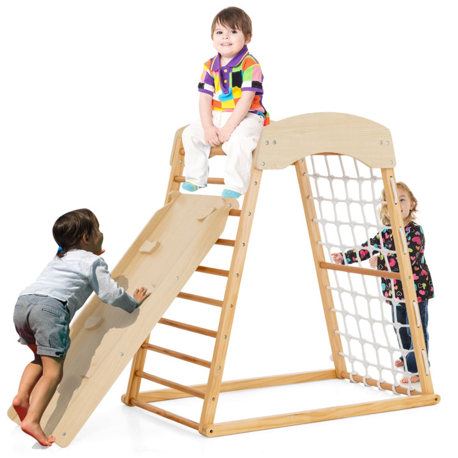 SUGIFT 41.5-in W x 44.5-in H Wood 6-in-1 Indoor Montessori Jungle Gym with Reversible Ramp and Monkey Bars 130-lb Per Part #LW047SUGHY302