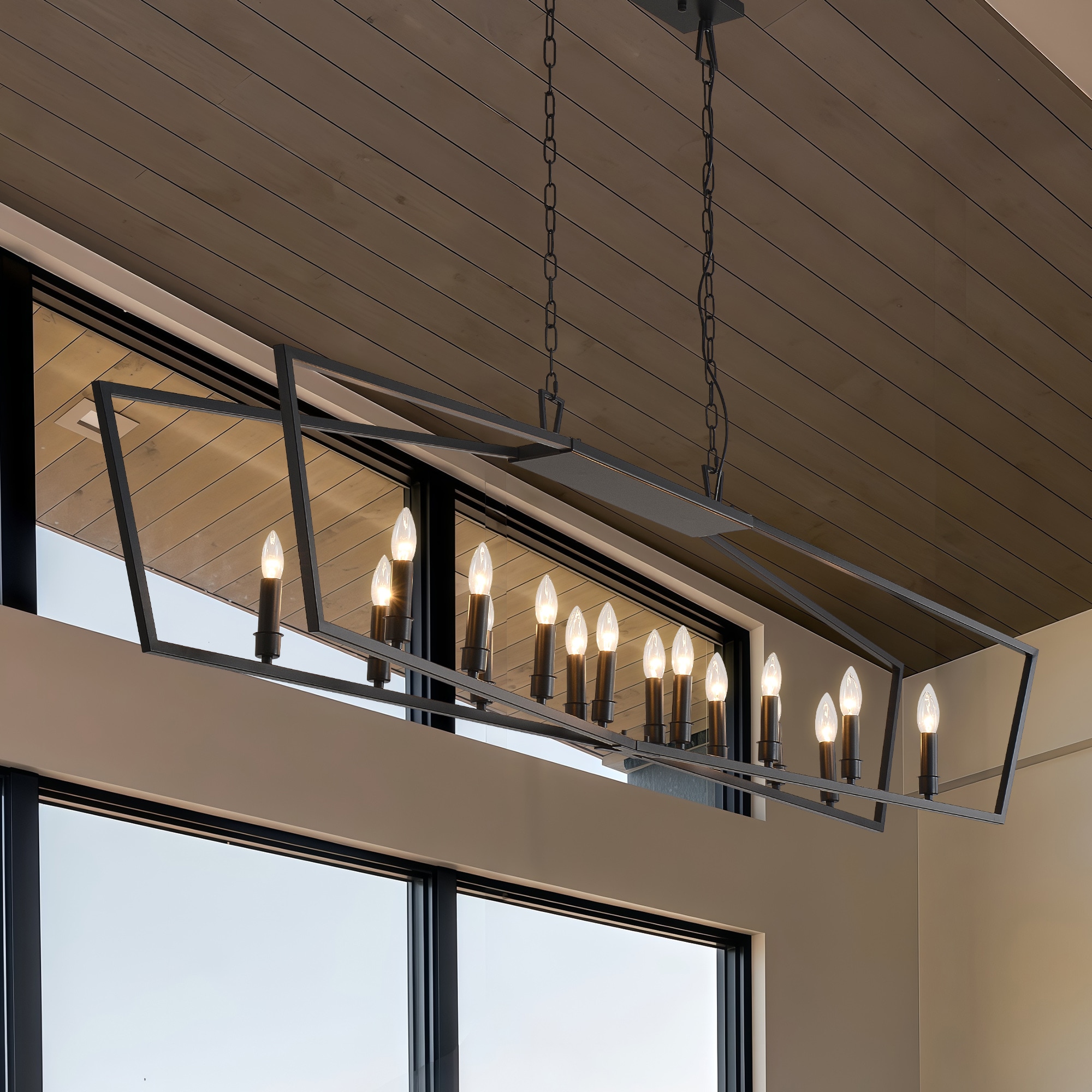 TEINIE 16-Light Black Geometric Linear Chandelier Industrial Rectangular Metal Frame Pendant Light for Dining Room Kitchen Island Farmhouse