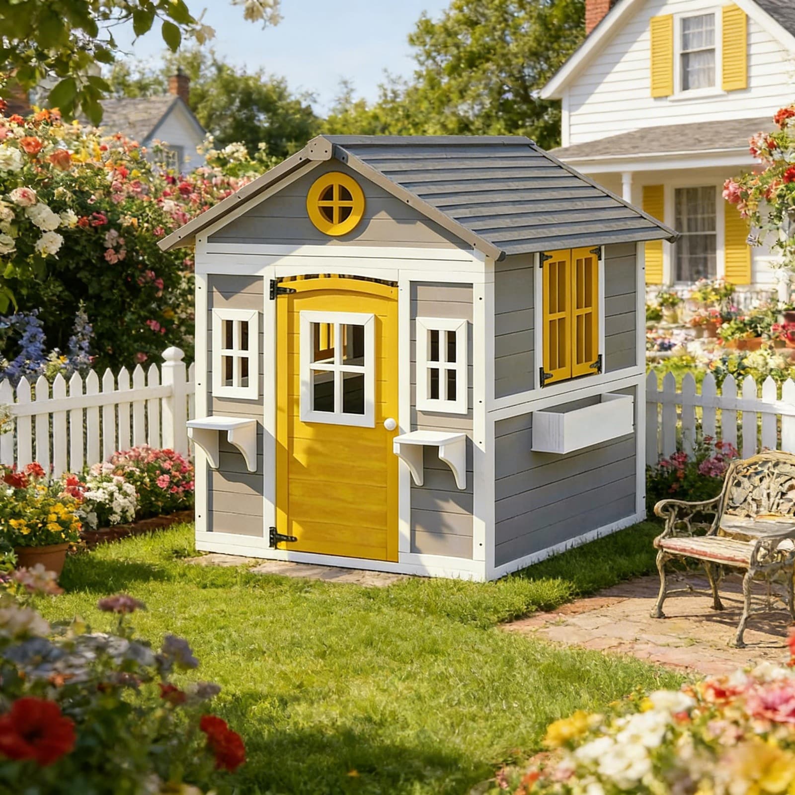 GlasFlength LW-PH-001  Backyard Playhouse Wooden Outdoor Playhouse with Openable Windows Shaded Roof Imaginative Cottage Design for Kids Garden Backyard Gray Yellow White