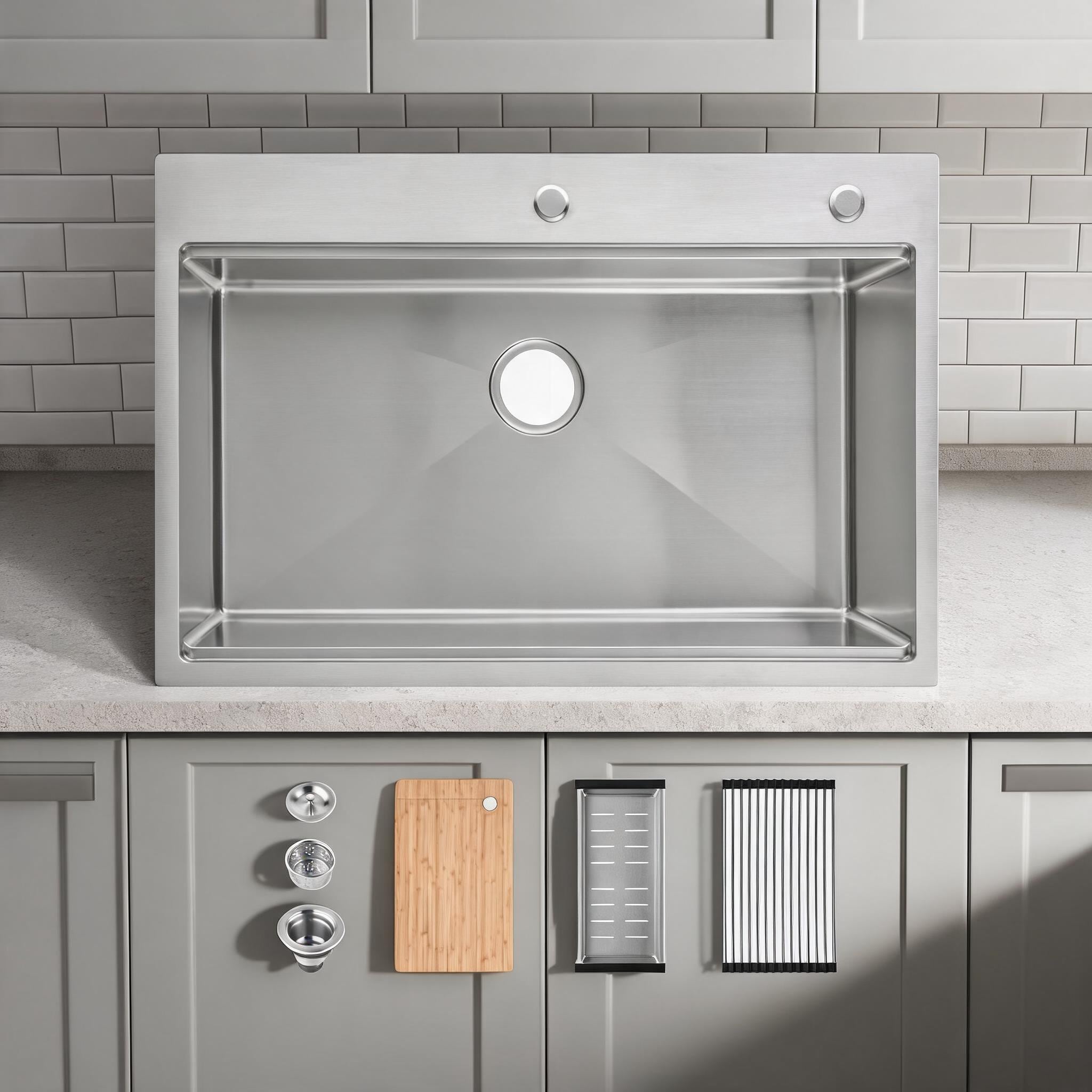 Watnature Single Bowl Kitchen Sink  Kitchen Prep Dishwashing Neutral Gray Stainless Steel 33 times 22 Inch