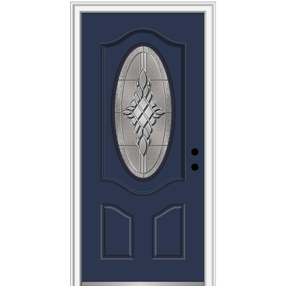 MMI DOOR ZZ3667728L 36-in x 80-in x 6-9/16-in Fiberglass Oval lite Left-hand inswing Naval Painted Prehung Front Door with Brickmould Insulating core