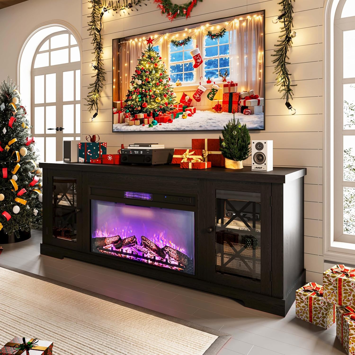 IdealHouse Farmhouse TV Stand with 36 in Fireplace for 85 Inch Entertainment Center with LED Lights and Glass Doors Wooden Media Cabinet TV Console with Storage for Living Room Bedroom Black