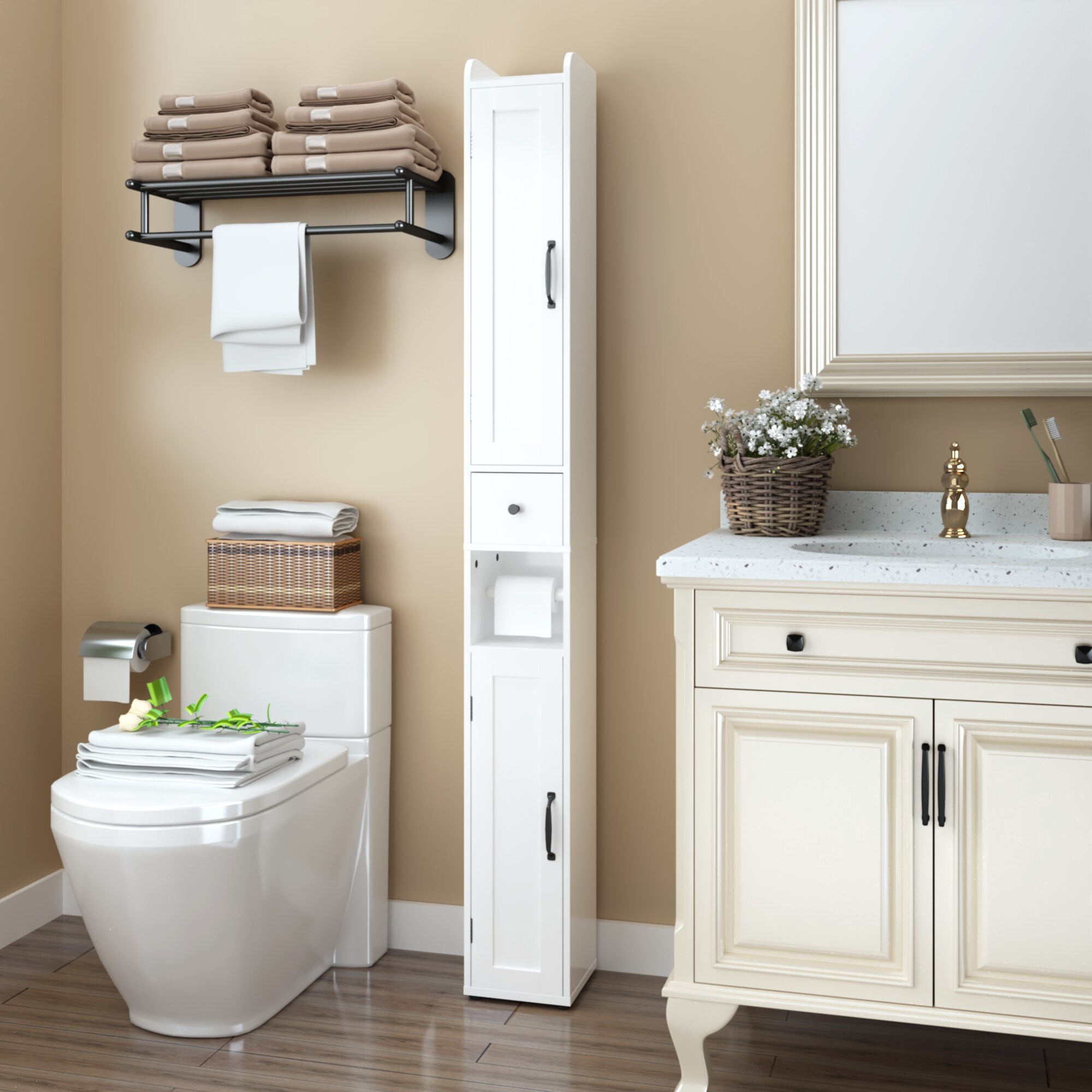 KWPZQEB Bathroom Storage Cabinet with Anti-Tip Freestanding Linen Cabinet  for Living Room Bathroom - White