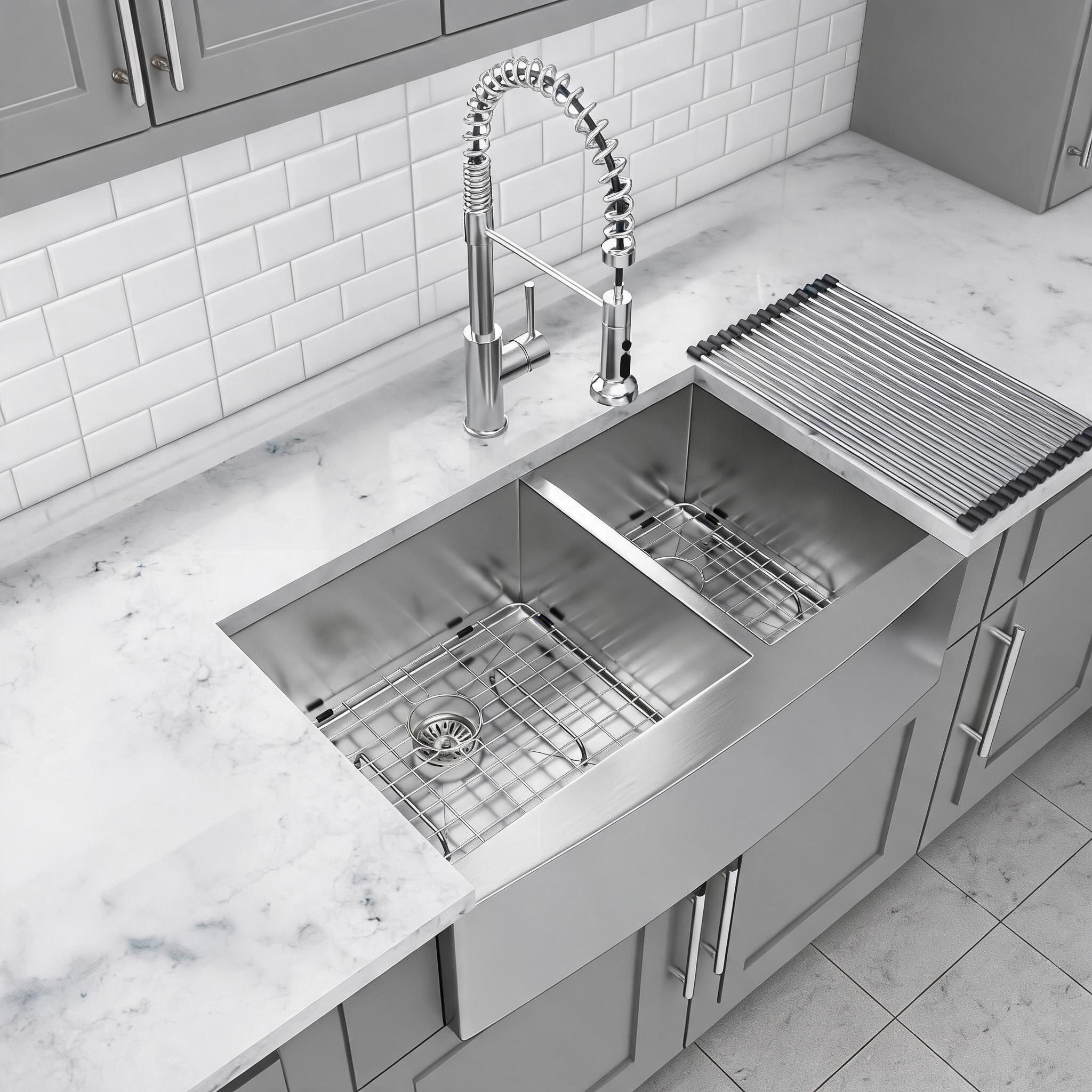 Watnature Functional Double Bowl Kitchen Sink  Farmhouse T304 Stainless Steel 33 times 20 Inch Undermount Apron Front