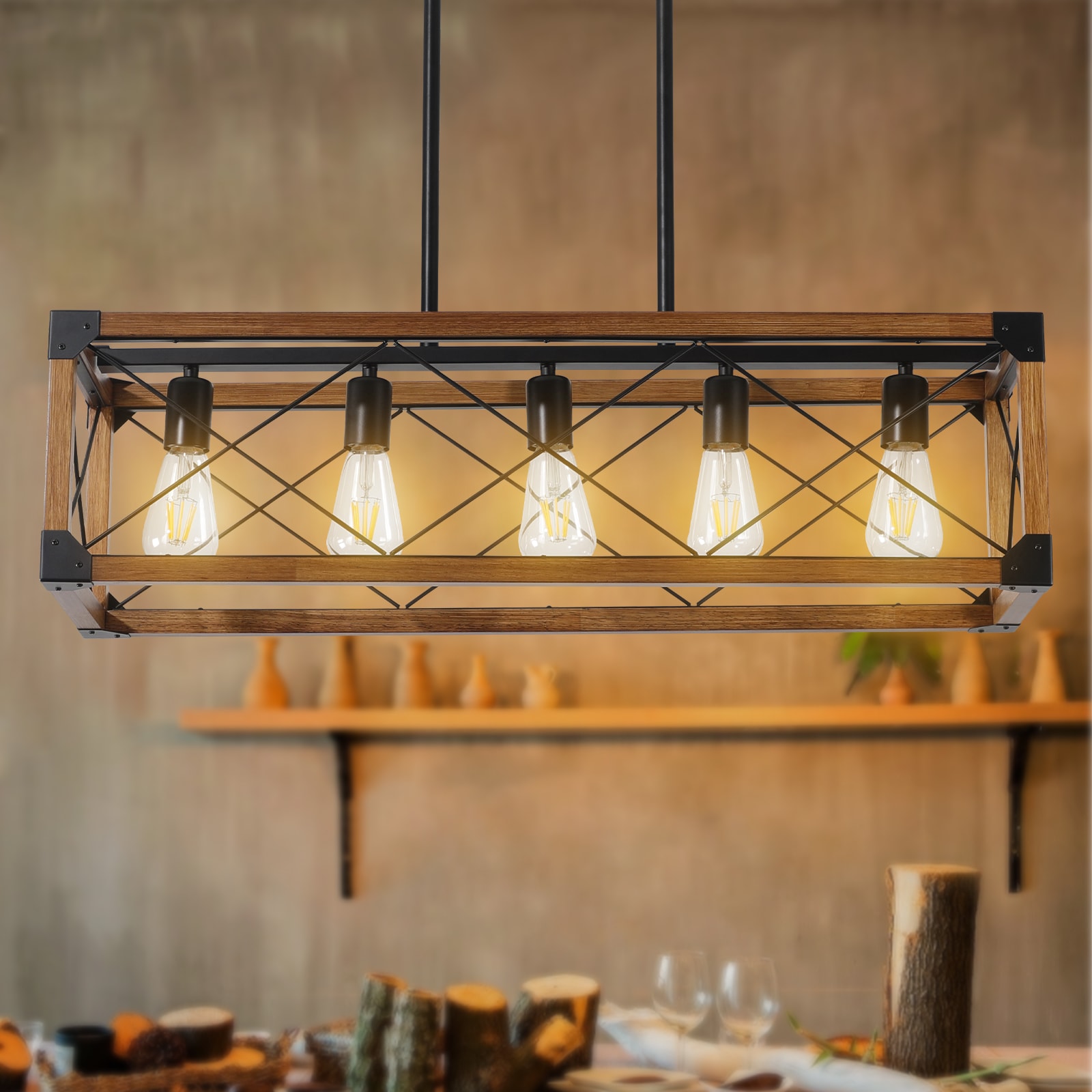 Zitrend 32-in Walnut Tone Linear Pendant Light Farmhouse 5-Light Open Iron Cage Fixture with Adjustable Rods for Kitchen Island and Dining Room