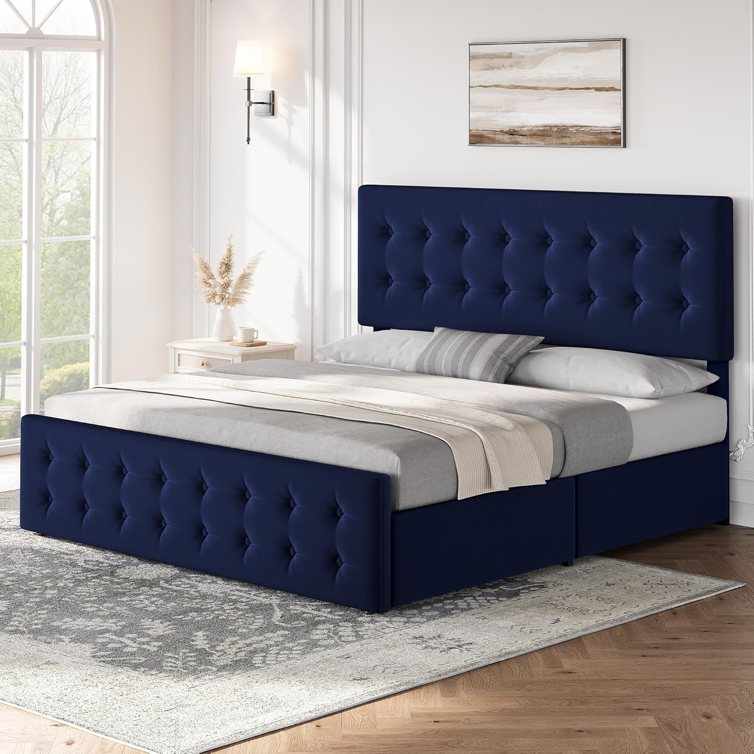 Qeetex LHF-BED-PHO-121UBLFS King Size Bed Frame with 4 Storage Drawers and Headboard Velvet Upholstered Platform Bed Frame with Wooden Slats Support Button Tufted Design No Box Spring Needed Black