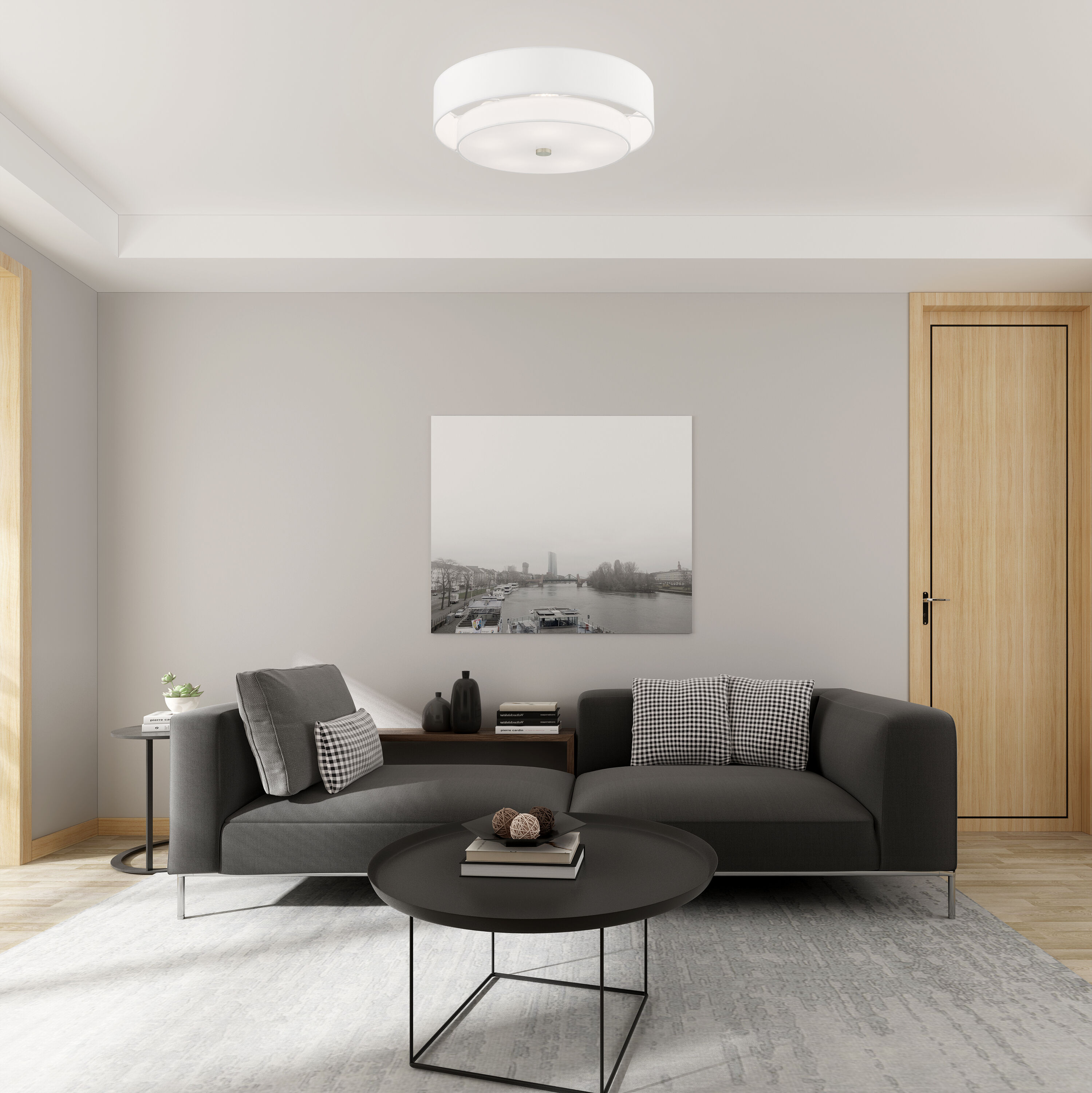 Meridian Brushed Nickel 5-Light Indoor Drum Flush Mount with Off-White Shade