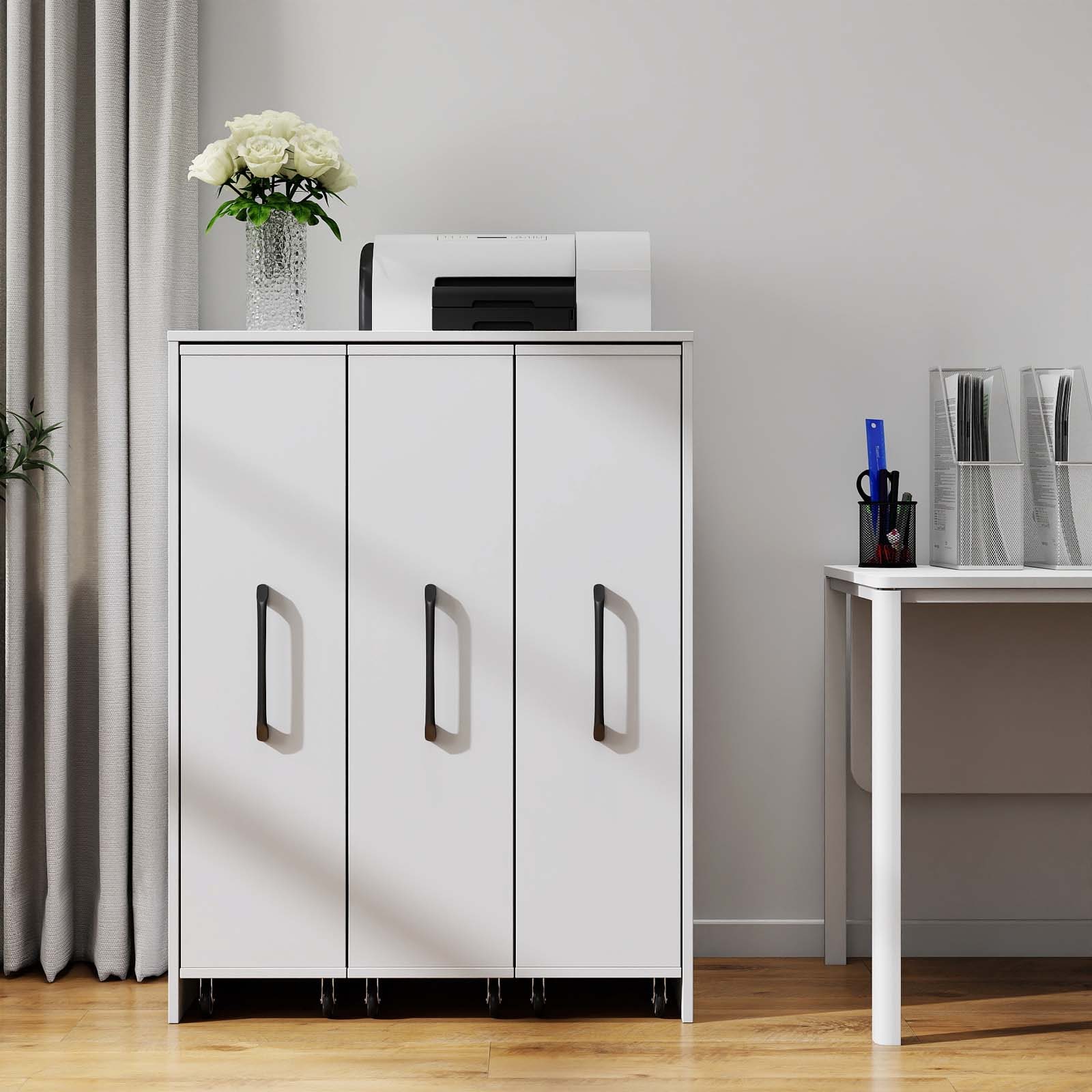 White 3 -Drawer 29.92-in File Cabinet with Wheels 3 Tier Wooden Floor Standing Bookcase Slide Out...