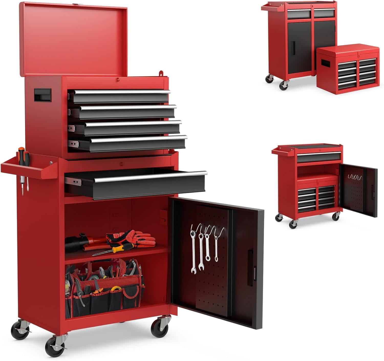 Heavy Duty 8 Drawer Tool Chest Rolling Tool Box Cabinet on Wheels 2 in 1 Detachable Metal Tool Storage Organizer for Garage and Workshop Locking Steel Tool Cart with Portable Top Tool Box Red and Black #BZI-IBTY-6PAMR1P3SN