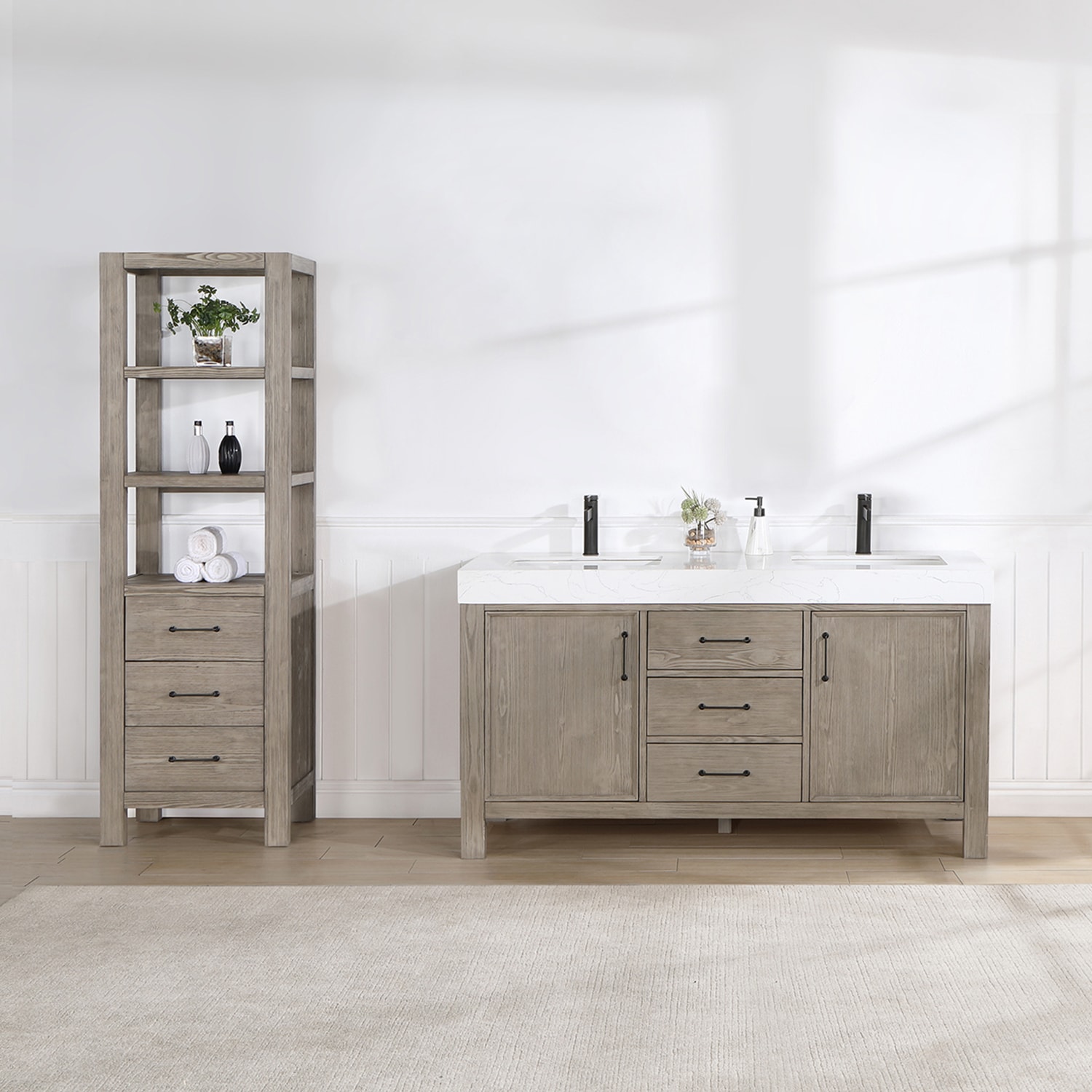 León 60-in Fir Wood Grey Finish Undermount Double Sink Bathroom Vanity with Lightning White Engineered Stone Top in Gray | - Vinnova 703860M-FY-LW-NM