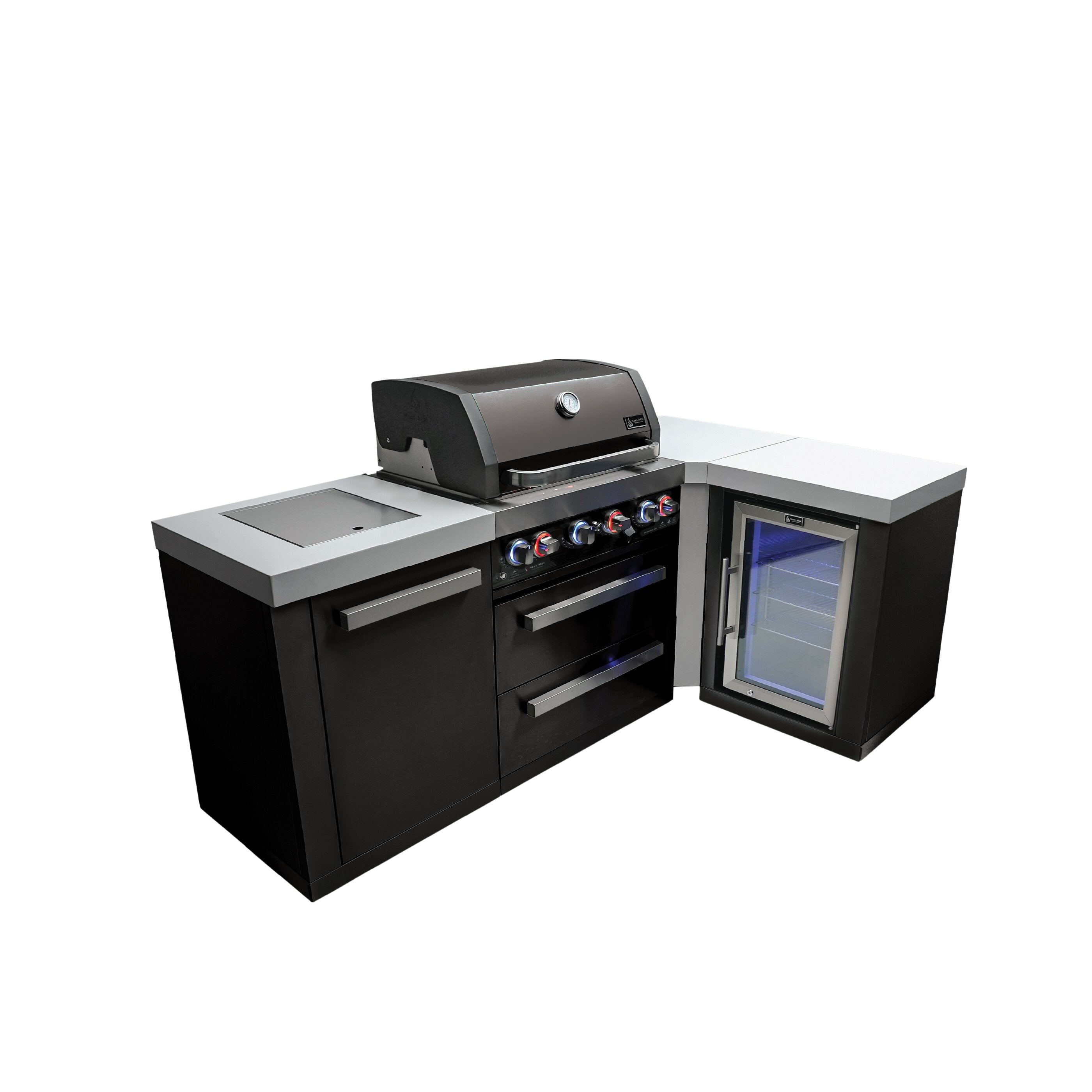 Mont Alpi Mont Alpi 400 Black Series Modular Outdoor Kitchen Islands 82-in W Modular Outdoor Kitchen Grill island with 6 -Burners Gas Grill, Stainless steel White Granite Countertops / Black Stainless Steel Grill Island Slab Door