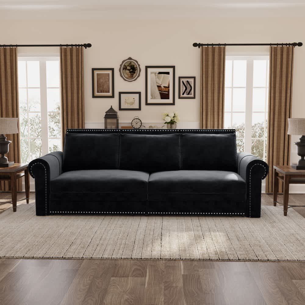 Coolbibila 94-in King Size Black Velvet 3-in-1  Convertible Sleeper Sofa Chesterfield Nailhead Trim Rolled Arm