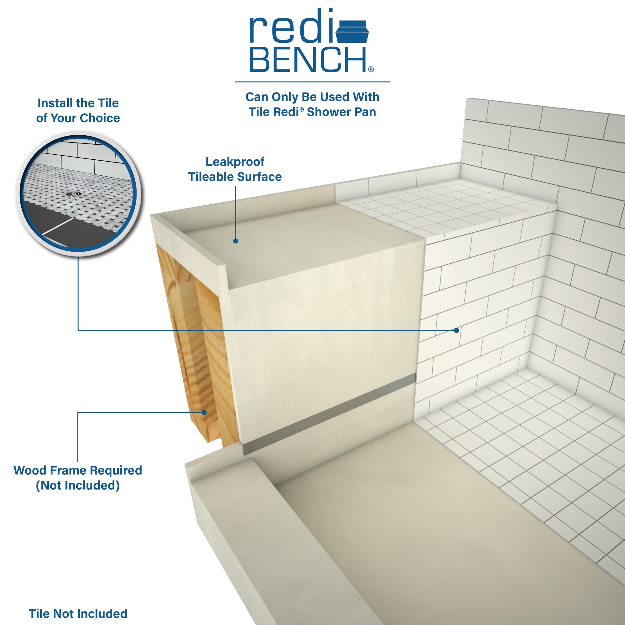 Tile Redi Redi Bench 42 In X 12 Inch Fits All 46 In Depth Shower Base Includes Flashing System 