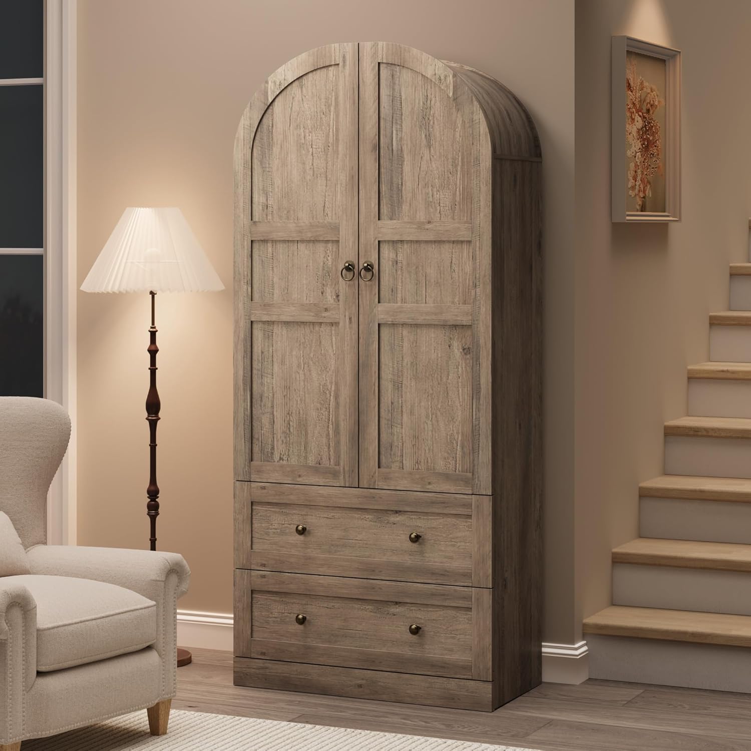 Garvee 72Inch Tall Dome Bookcase with Drawers 4Tier Wooden Bookshelf Storage Cabinet with Door Farmhouse Arched Cabinet with Storage Wood Arch Bookcase for Home Office Living Room Gray