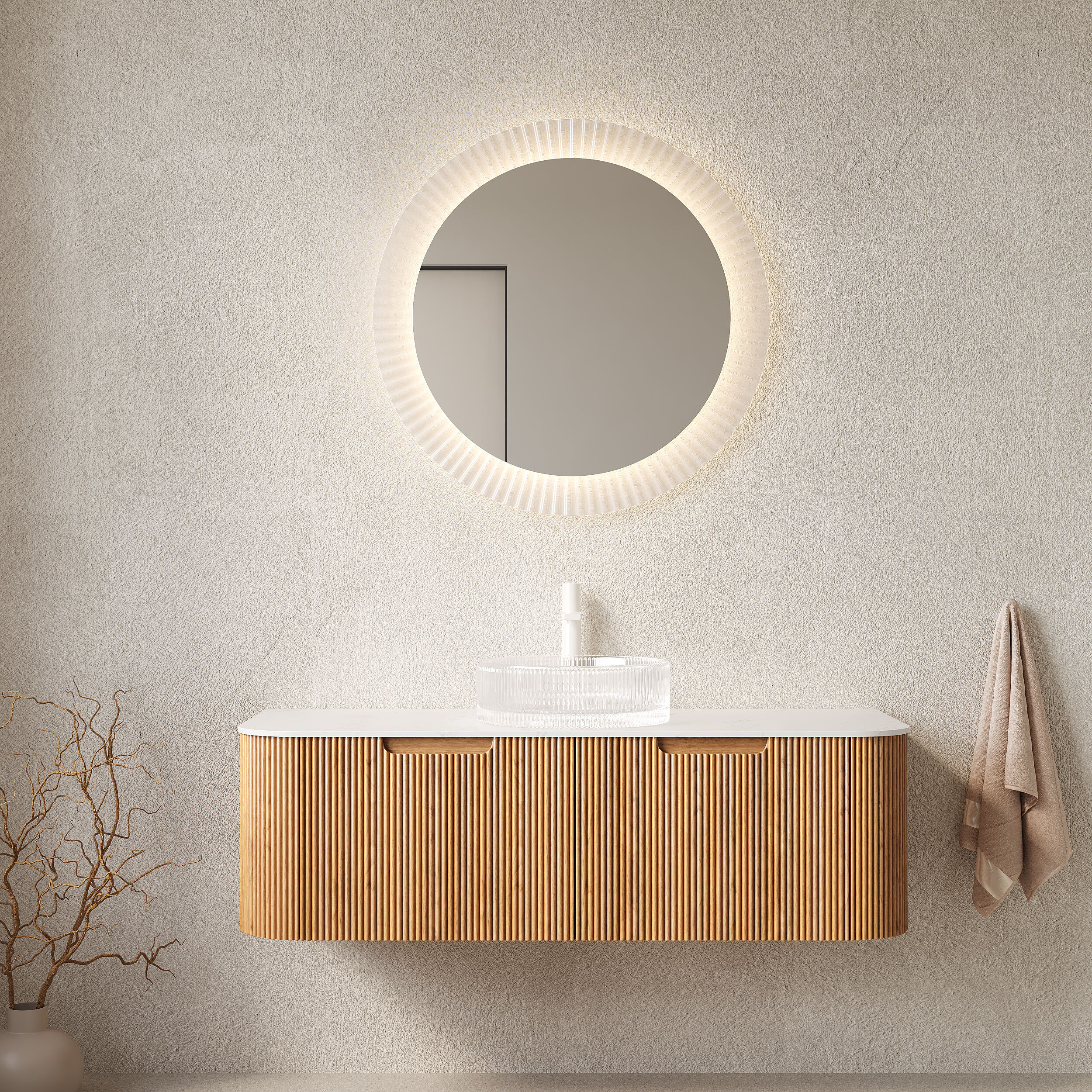 Vynxaria DINA 48-in Bathroom Vanity and Sink, Floating Curved Edges Striped Storage Cabinet with 2 Drawers, Transparent Round Glass Basin and Carrara White Sintered Stone Top, Pre-assembled, Natural Woodgrain Color