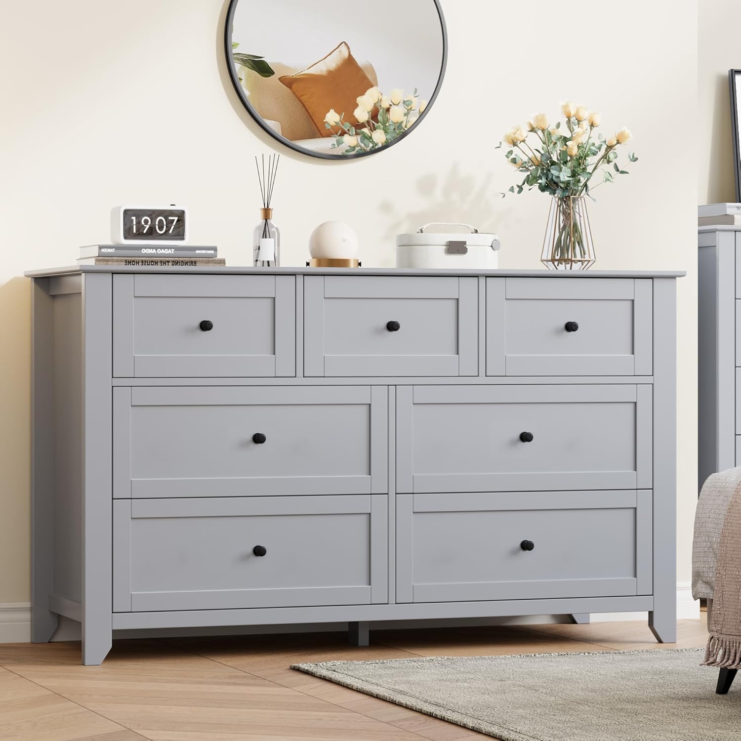 Garvee Grey 7 Drawer Dresser for Bedroom 54 Inch Wide Large Dresser with Deep Drawers and Metal Knobs Modern Wooden Chests of Drawers for Entryway Hallway