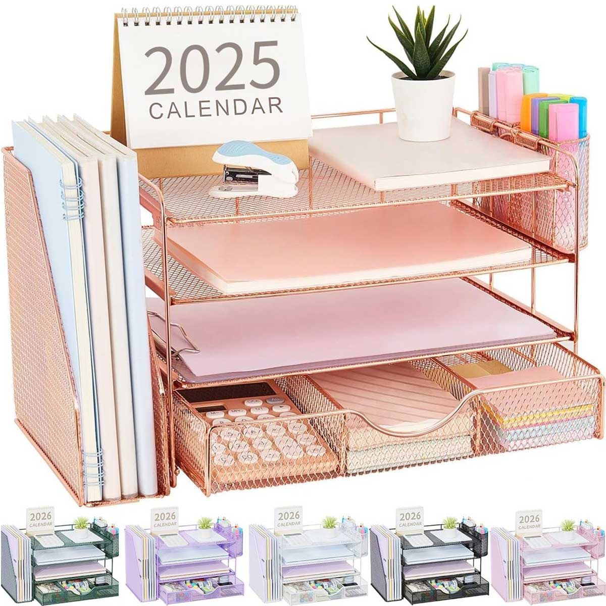 Aoibox  4 Tier Desk Organizer Set with File Holder Drawer and 2 Pen Holders Metal Mesh Paper Organizer for Office Desktop Rose Gold 1 Piece