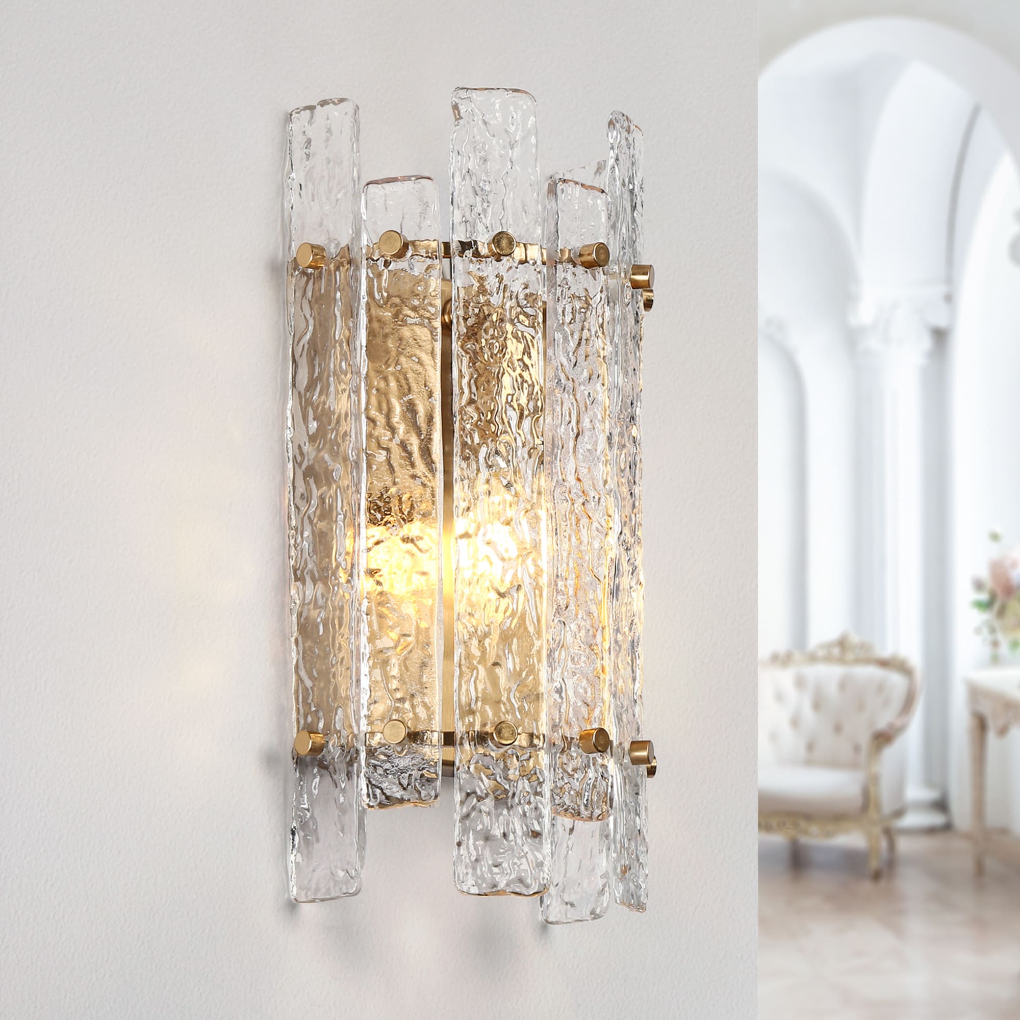 LNC Engaveric 5.9-in W 1 -Light Polished Gold Hardwired Damp rated Wall Sconce