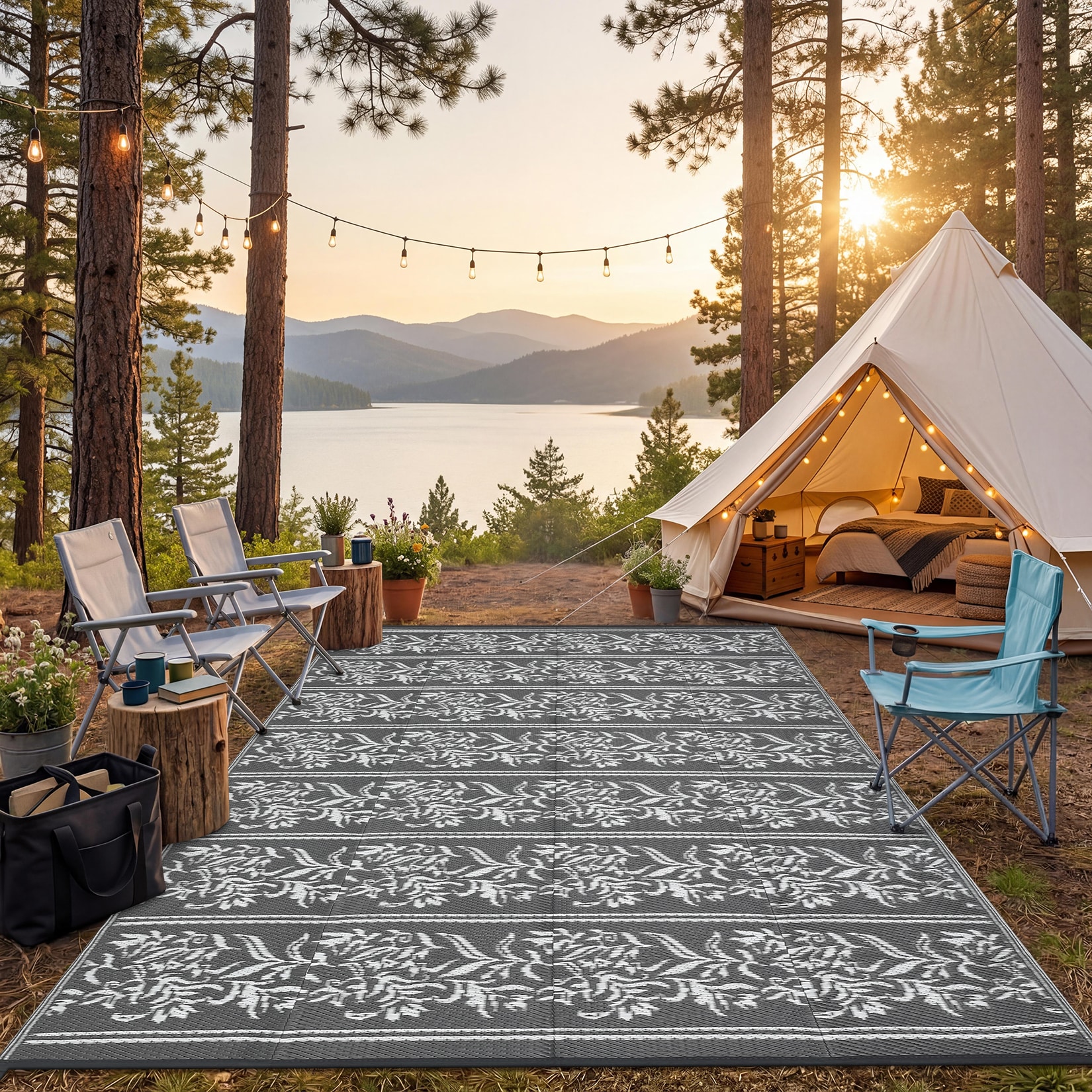 IdealHouse - 9x12ft Waterproof Reversible Outdoor Rug - Boho Leaf Design - Lightweight Collapsibl...