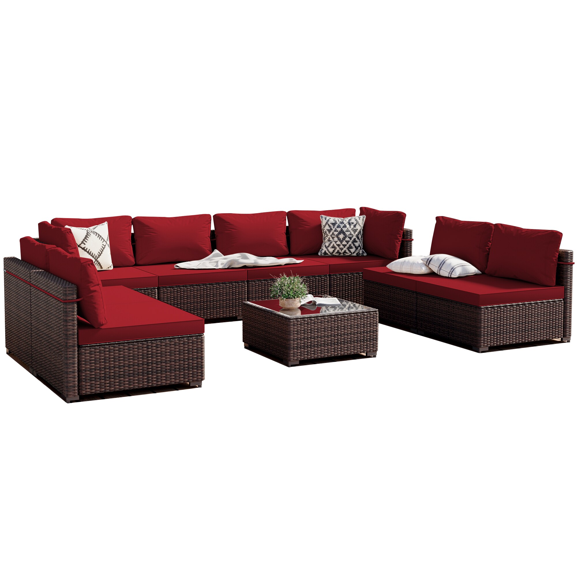 Patio Watcher RT-OD9-B-RED 9 -Piece Rattan Patio Conversation Set with Red Cushions