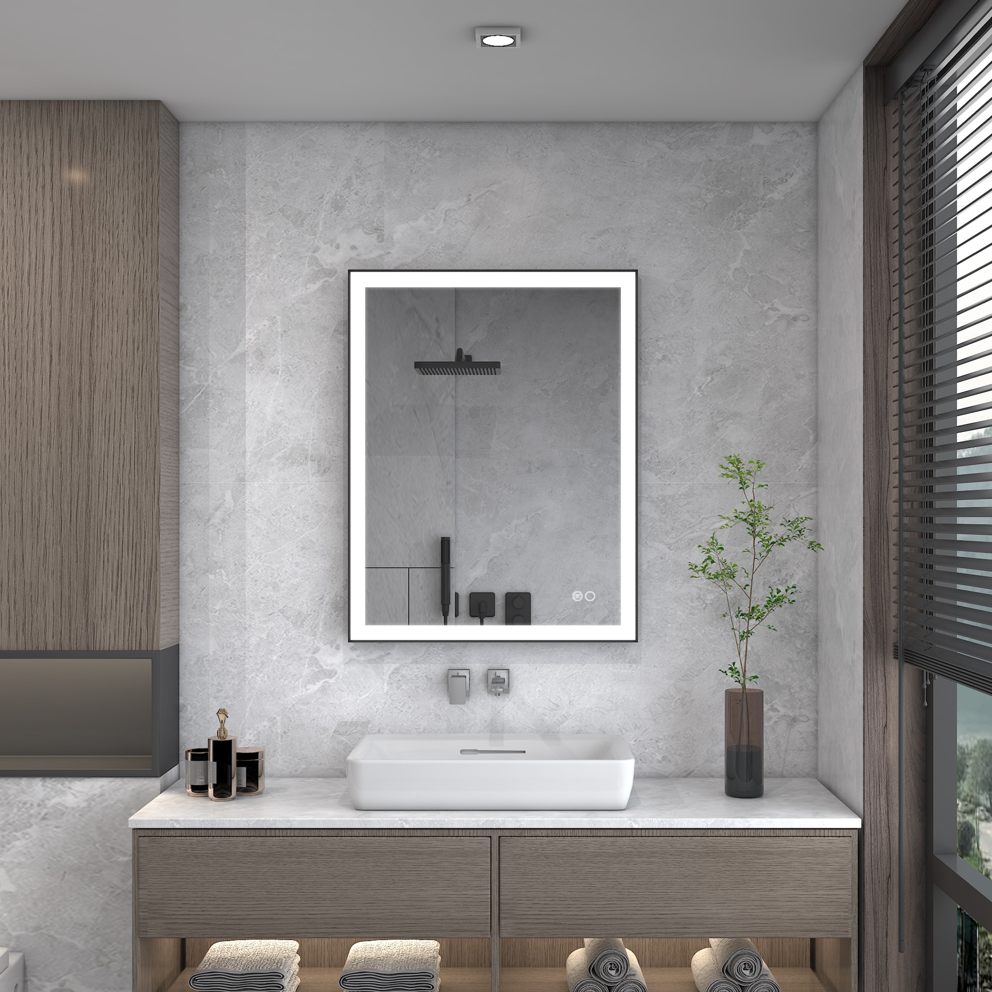 WELLFOR EX-2836DH3F EXW5 28-Inches x 36-Inches Framed Rectangle Dimmable Lighted Fog Free Bathroom Vanity Mirror ( Matte Black )