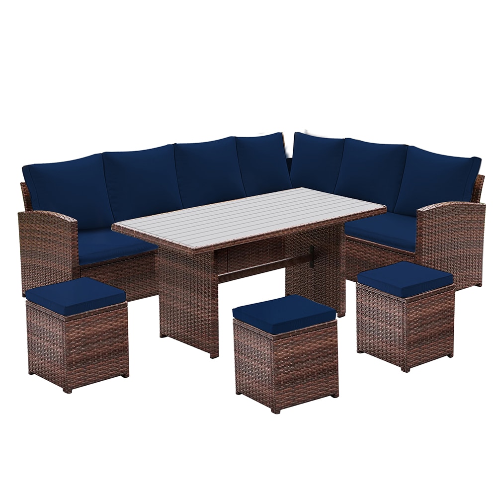 UPHA TB7ZZ-ABC-NAVYBLUE Patio Conversation Set 7-Piece Wicker Patio Conversation Set with Blue Cushions