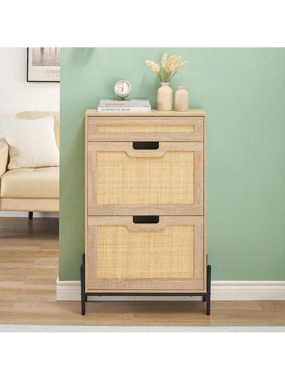 Qeetex PHO-0Y1U0RDN-HF4 Oak 3 layer rattan shoe cabinet with adjustable shoe storage compartment. hidden wooden shoe rack with 2 flip drawers and 1 drawer. freestanding shoe storage rack. multifunctional storage shoe cabinet