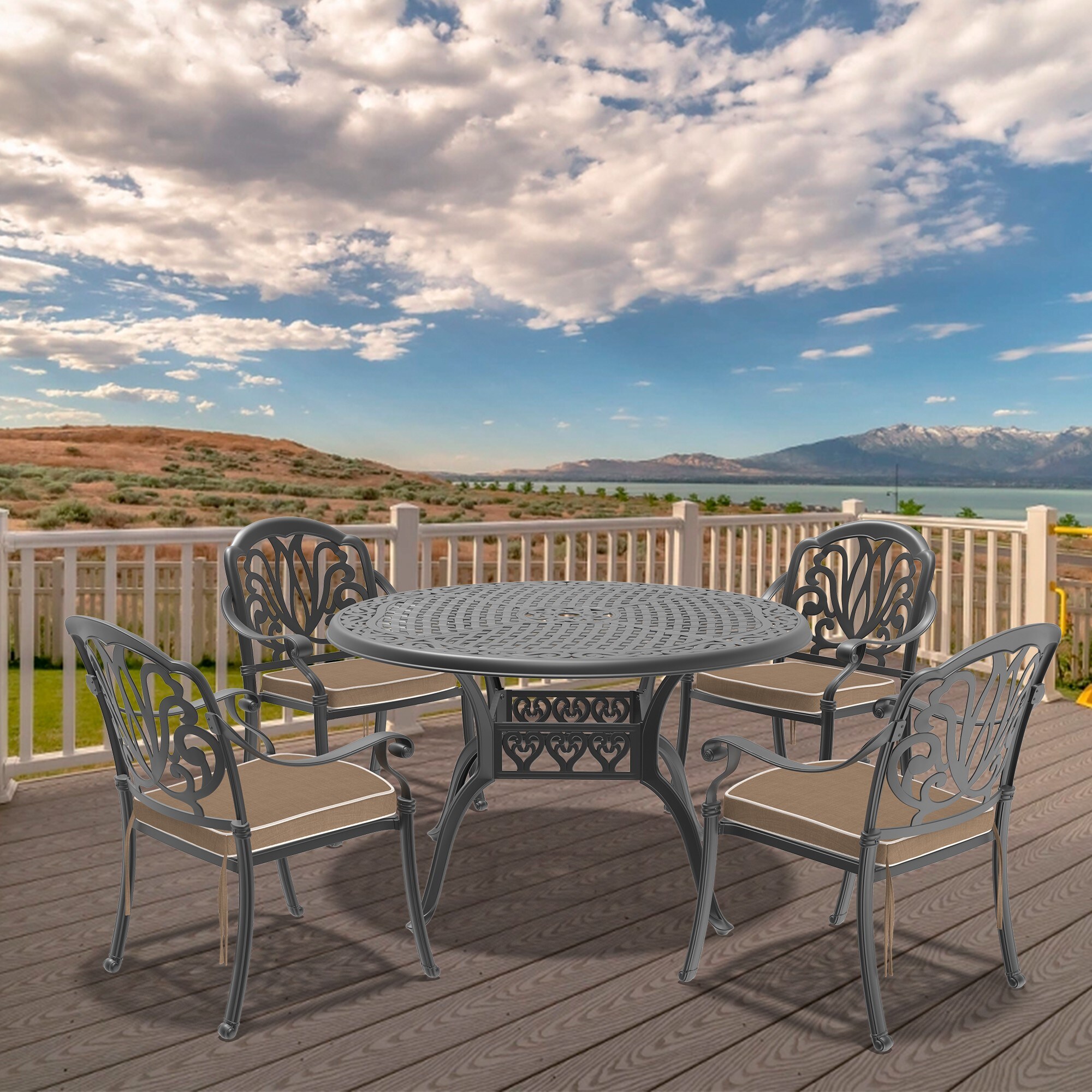 Clihome CL-NS-00139 Patio Dining Sets 5 -Piece Black Patio Dining Set Aluminum Round Table with 4 Brown Cushions Stationary Chairs