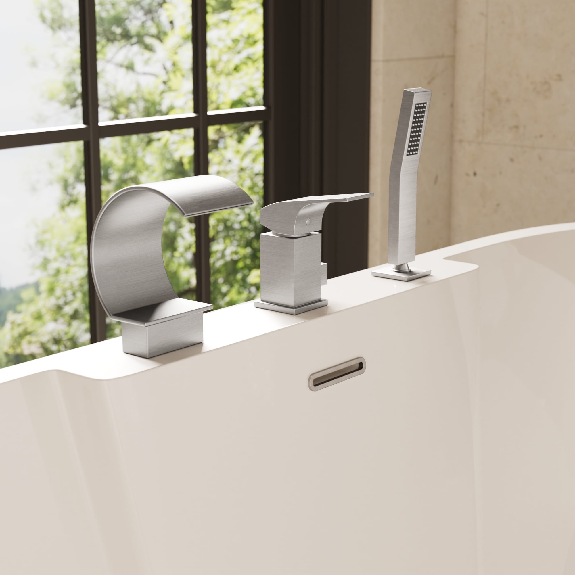 GRANDJOY  Brushed Nickel 1-handle Waterfall Bathtub Faucet Valve Included Deck Mount Roman Tub Faucet with Hand Shower