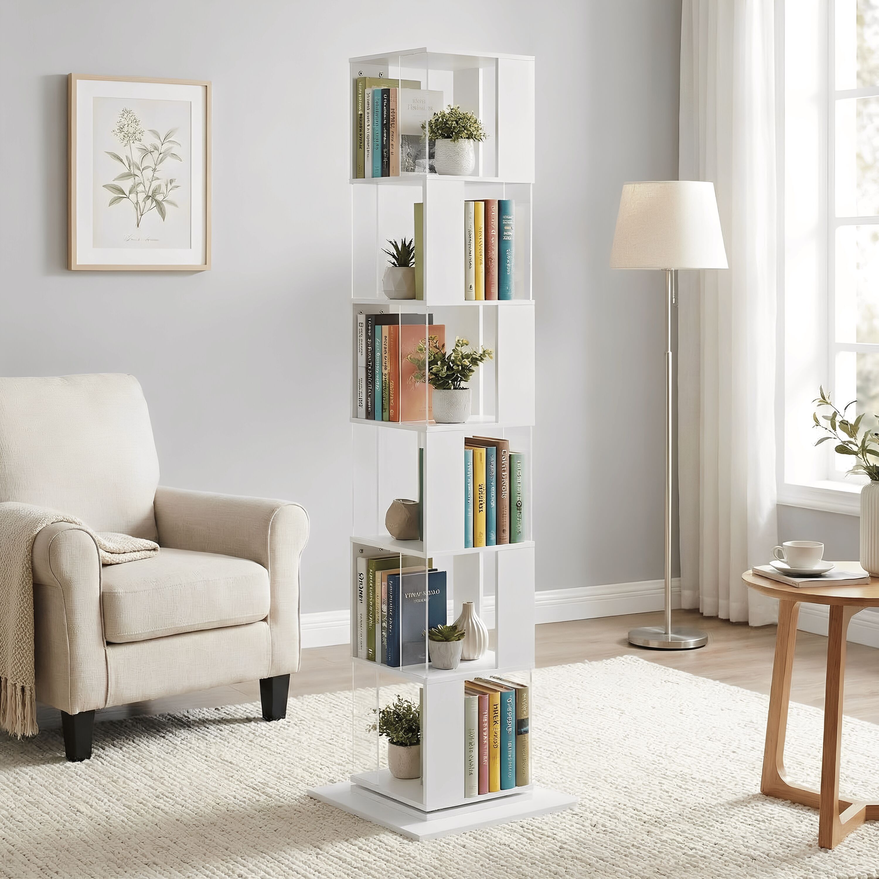 JUSHUA - 360 Rotating Bookshelf with Acrylic Plate 6 Tier Tall Floor Rack Simple Bookcase Modern ...