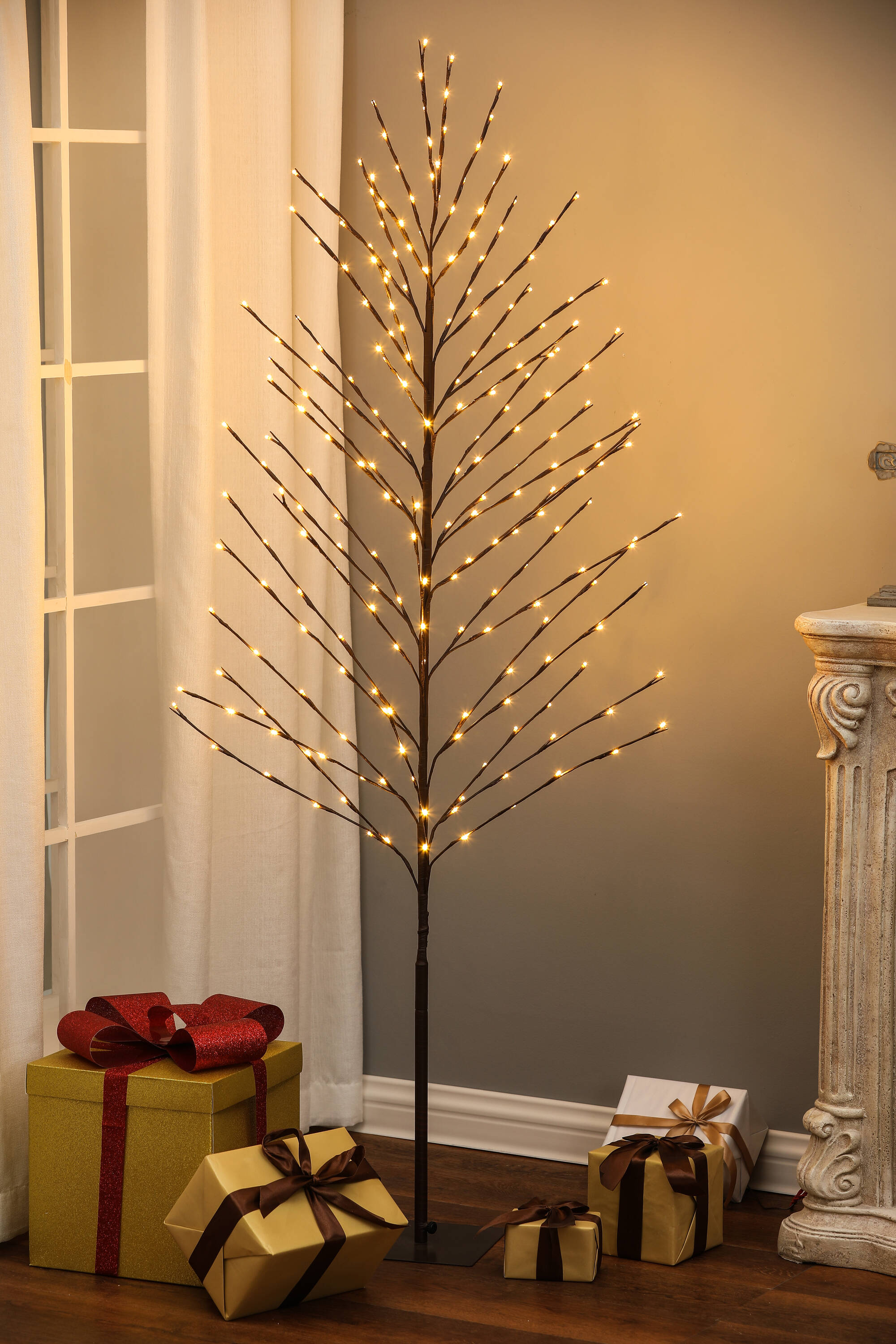 70.87" White LED Lighted Brown Birch Artificial Christmas Tree