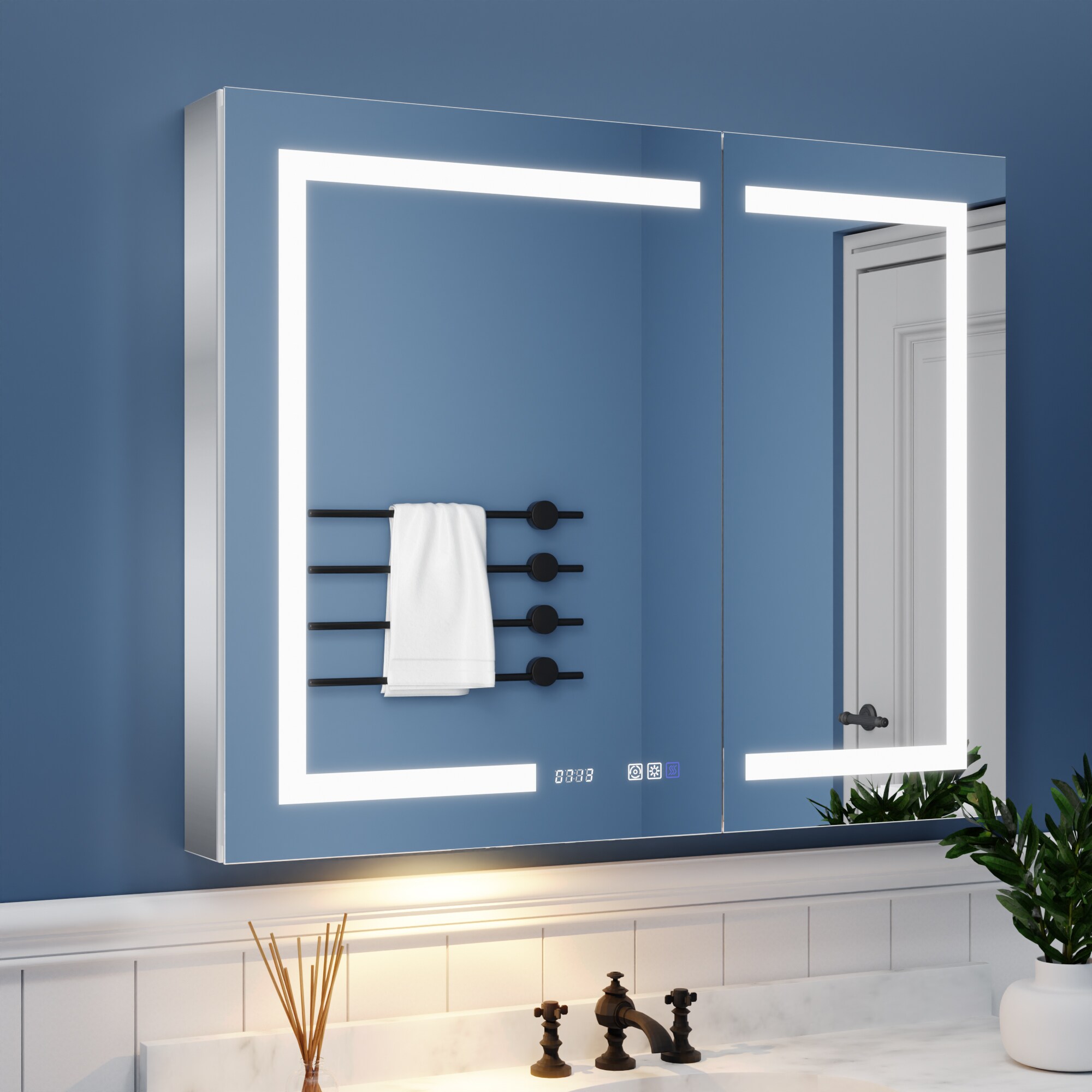 ExBrite MC4236V11TX Celestia 40-in x 32-in Lighted LED Fog Free Surface/Recessed Mount Silver Mirrored Rectangle Soft Close Medicine Cabinet with Outlet