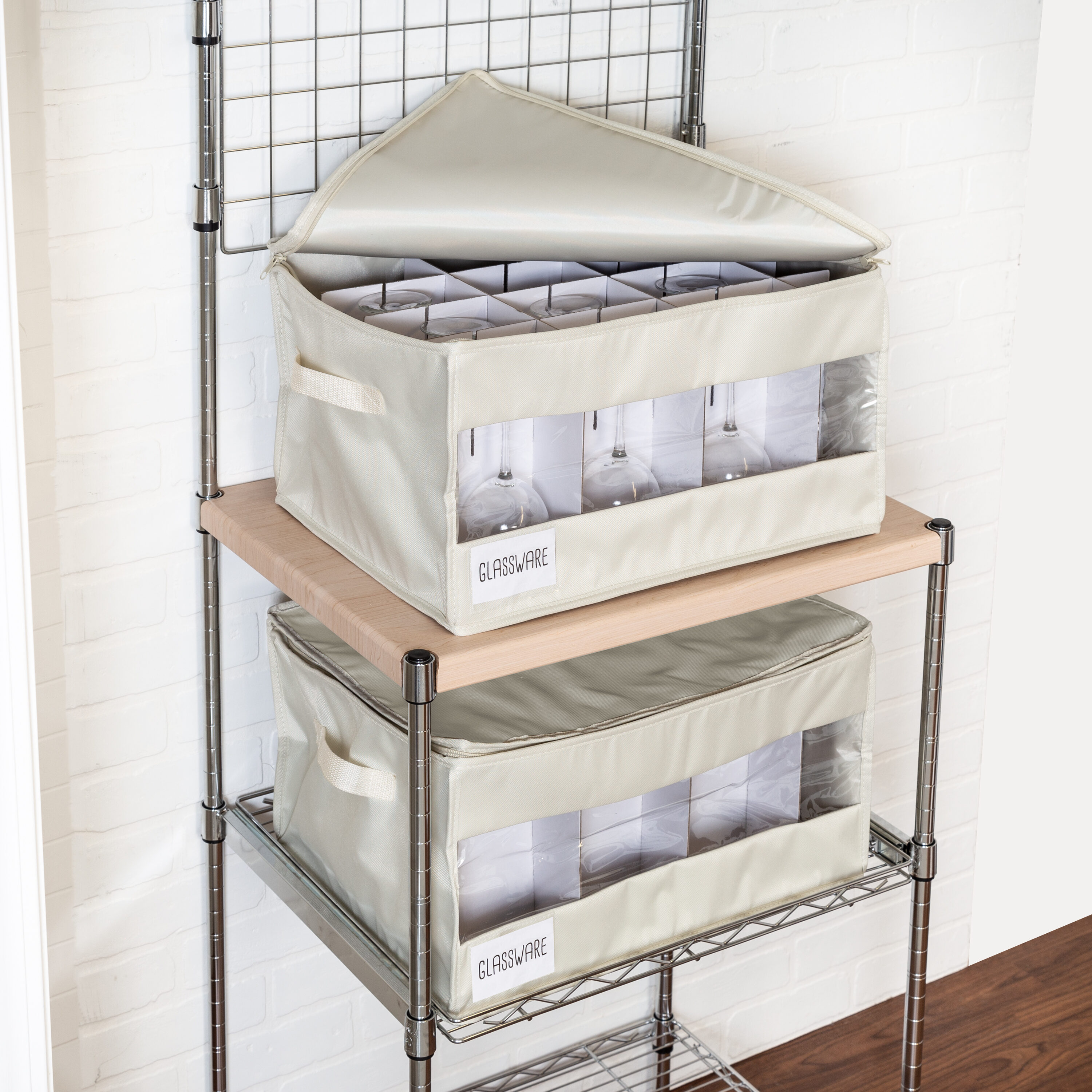Natural Polyester Stemware Storage Box Set with Zipper Closure