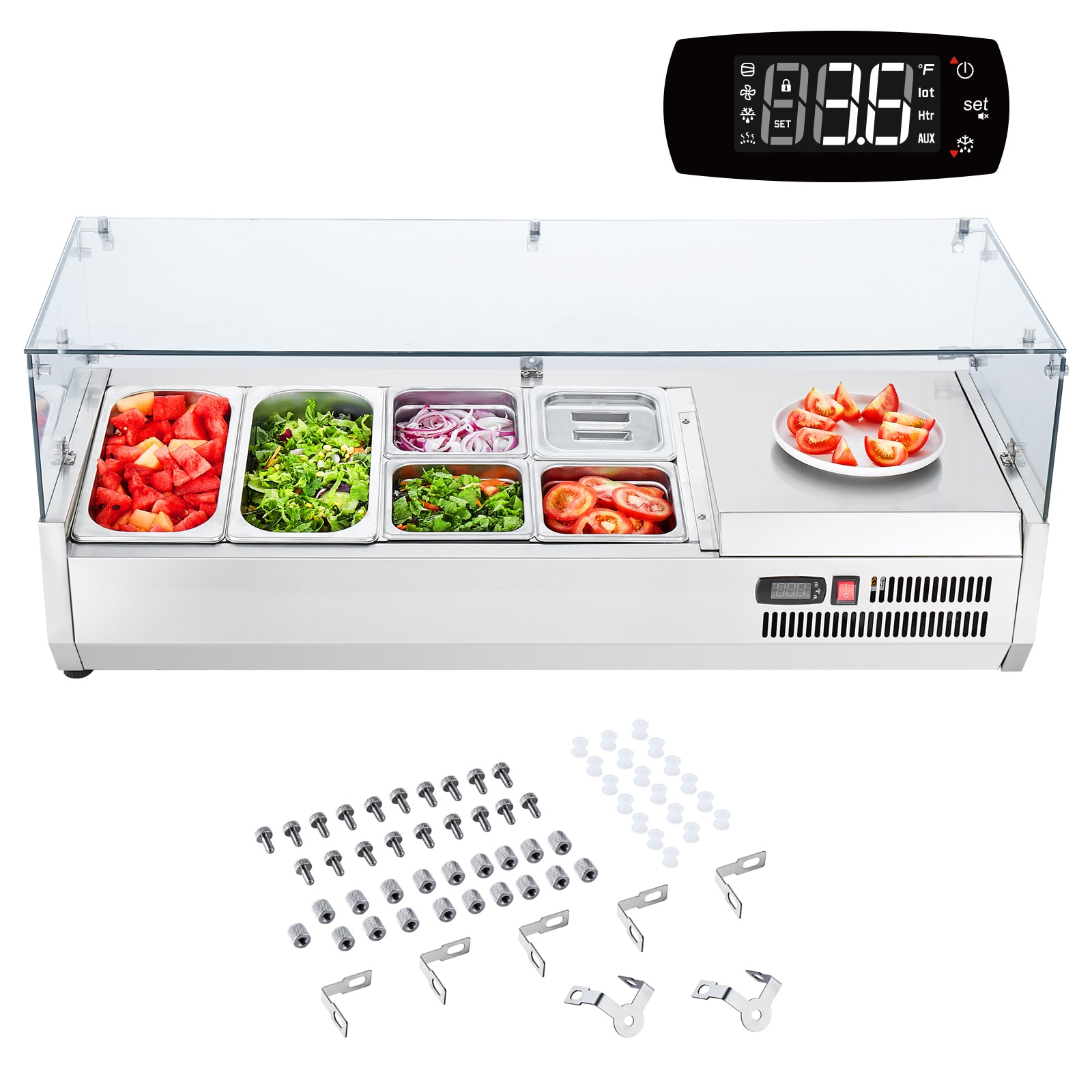 SVOPES SCBLZLZDWT4803161V1 Refrigerated Condiment Prep Station 135 W Countertop Refrigerated Condiment Station with 2 1/3 Pans and 4 1/6 Pans 304 Stainless Body and PC Lid Sandwich Prep Table with Glass Guard ETL