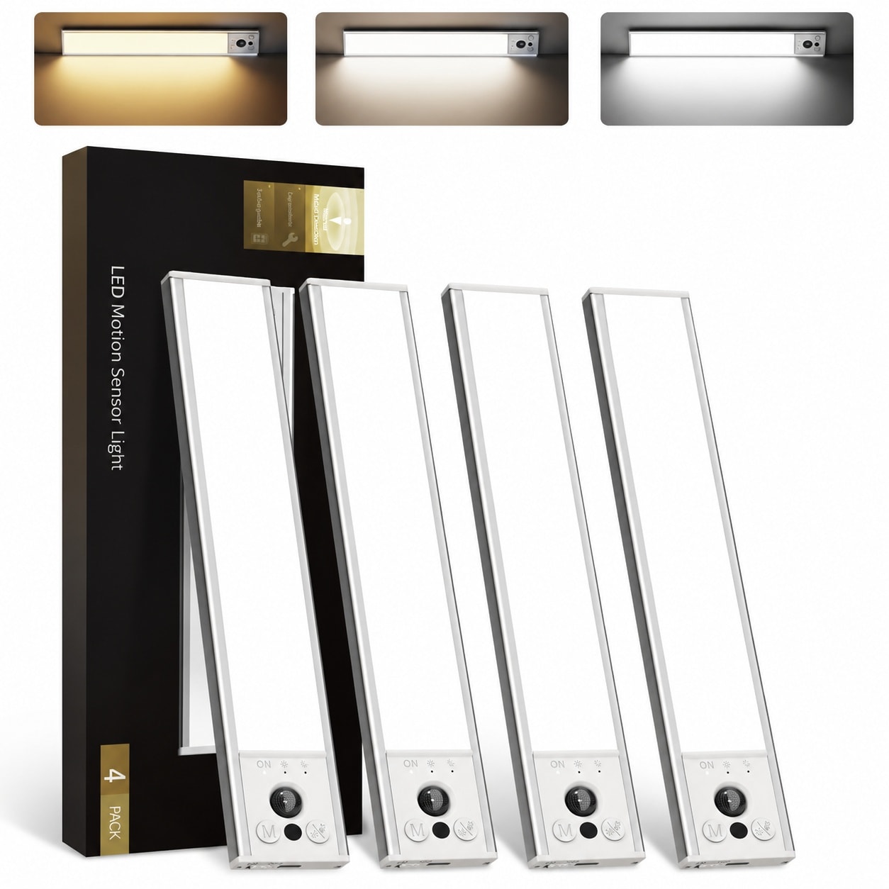 IUEST  4-Pack Under Cabinet Lights renewable power Motion Sensor Wireless power cell Operated with Three Color Temperatures Dimmable Magnetic for